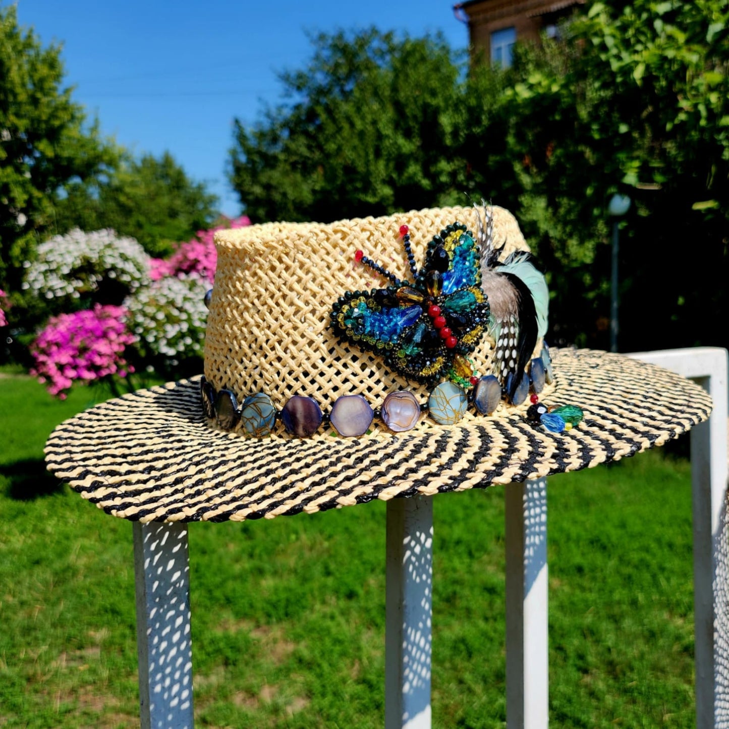 Straw Fedora Hat with Bead Butterfly