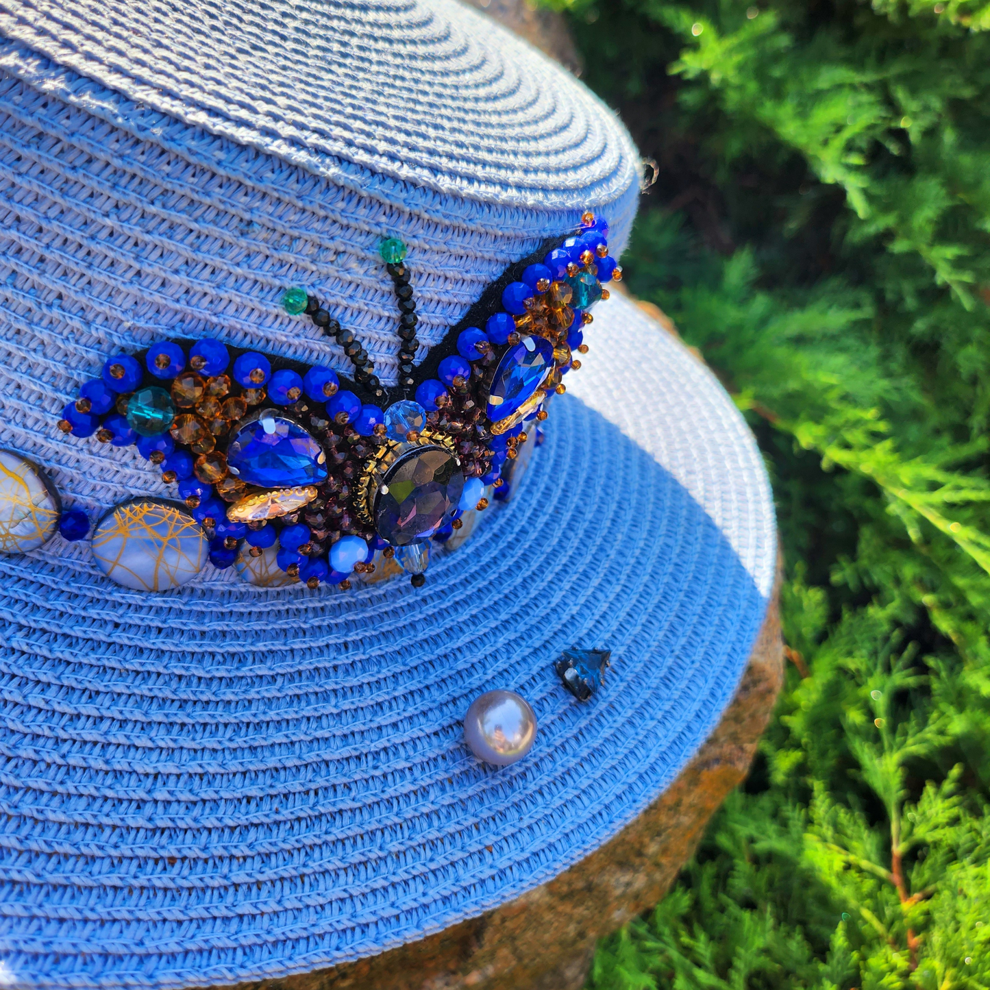 Blue Straw Canotier Hat with Pearl Trim