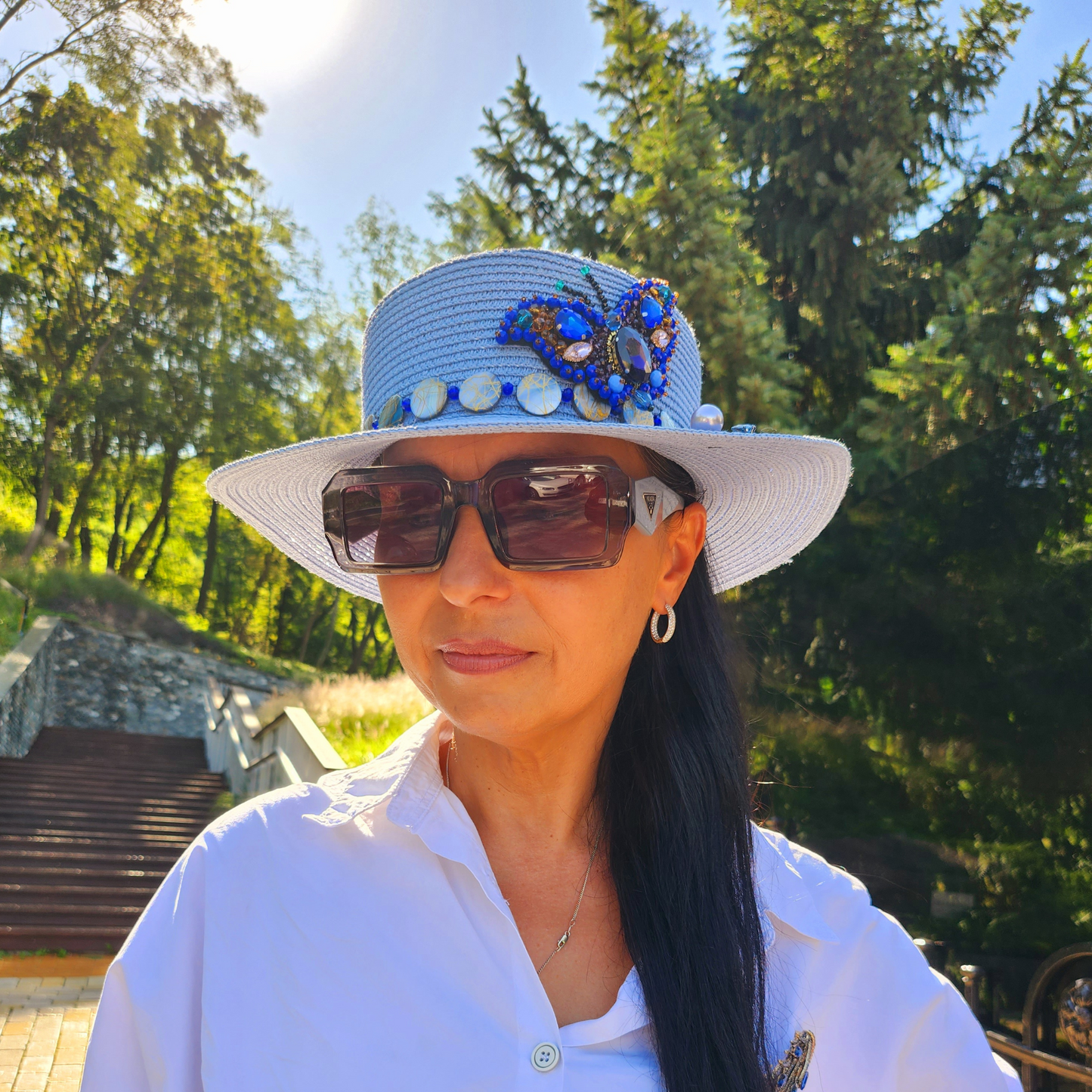 Blue Straw Canotier Hat with Pearl Trim