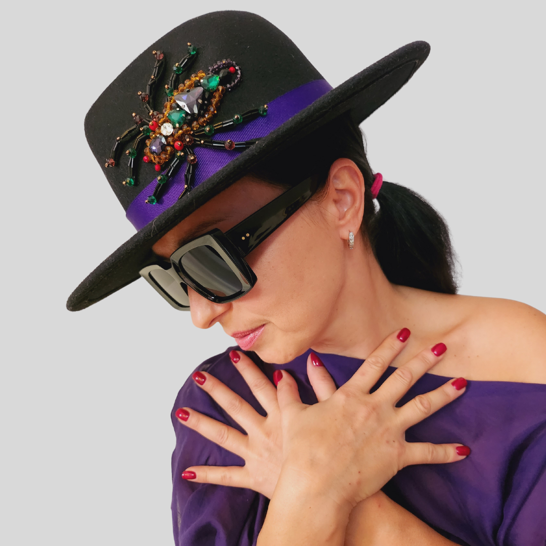 Black Felt Fedora Hat with Bead Spider