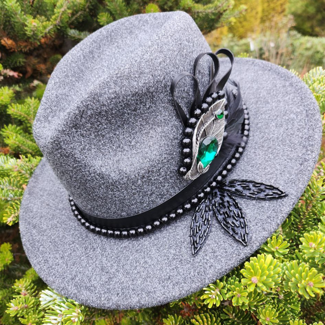 Gray Felt Fedora Hat with Bead Brooch