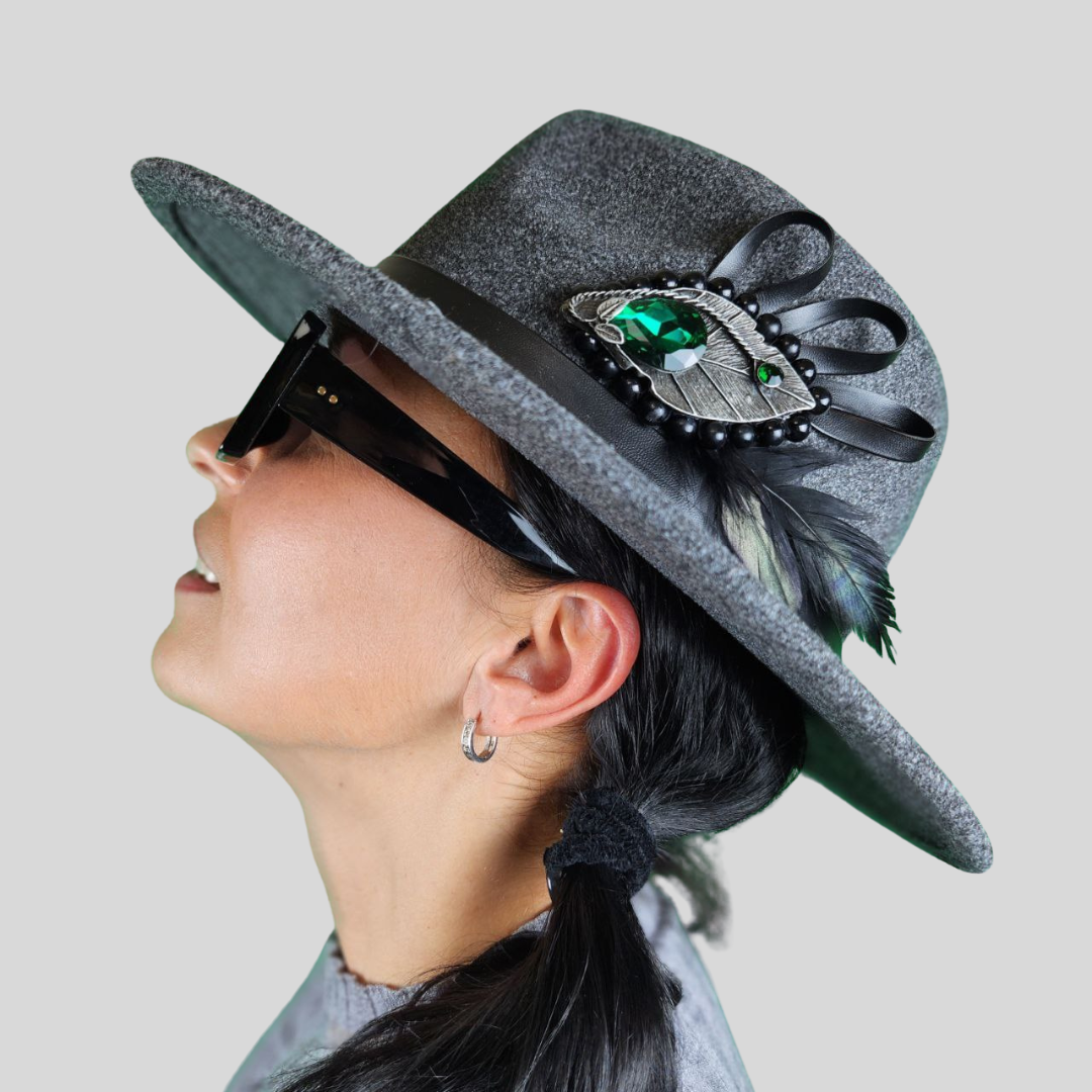 Gray Felt Fedora Hat with Bead Brooch