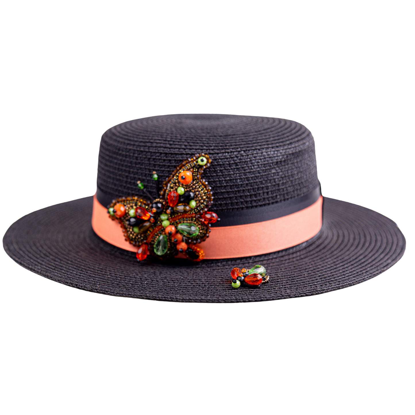 Black Straw Canotier Hat with Silk Trim