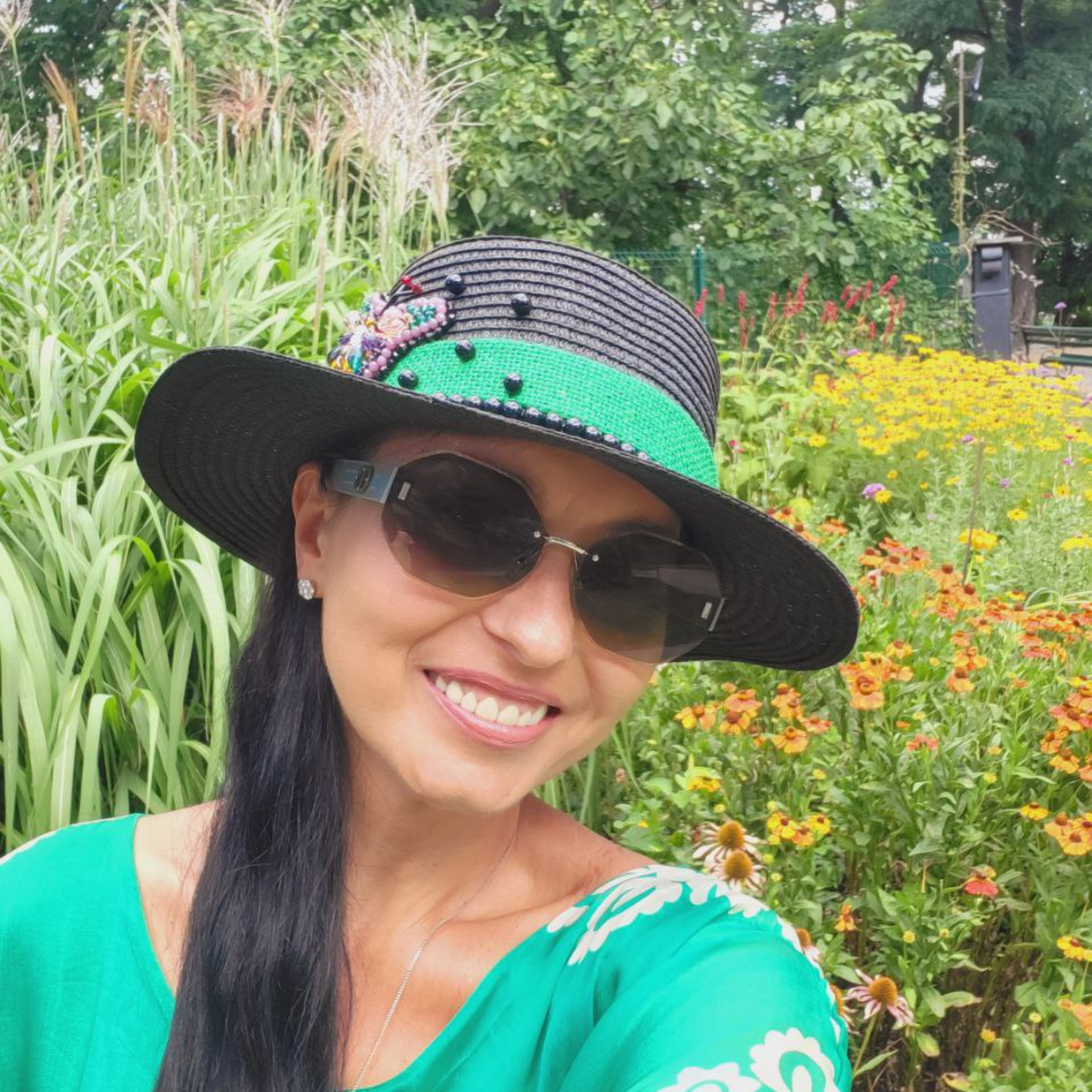 Black Straw Canotier Hat with Bead Ribbon