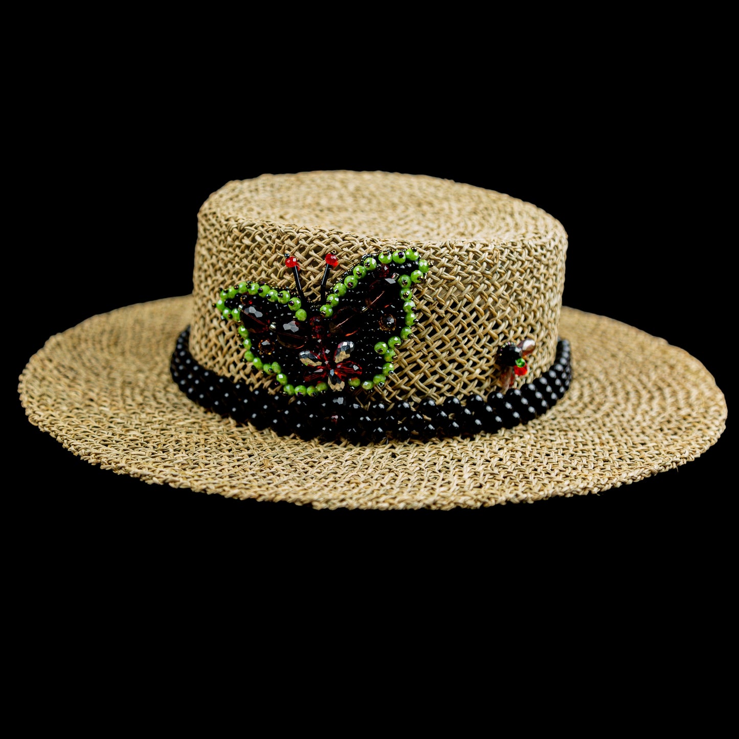 Brown Straw Canotier Hat with Beads