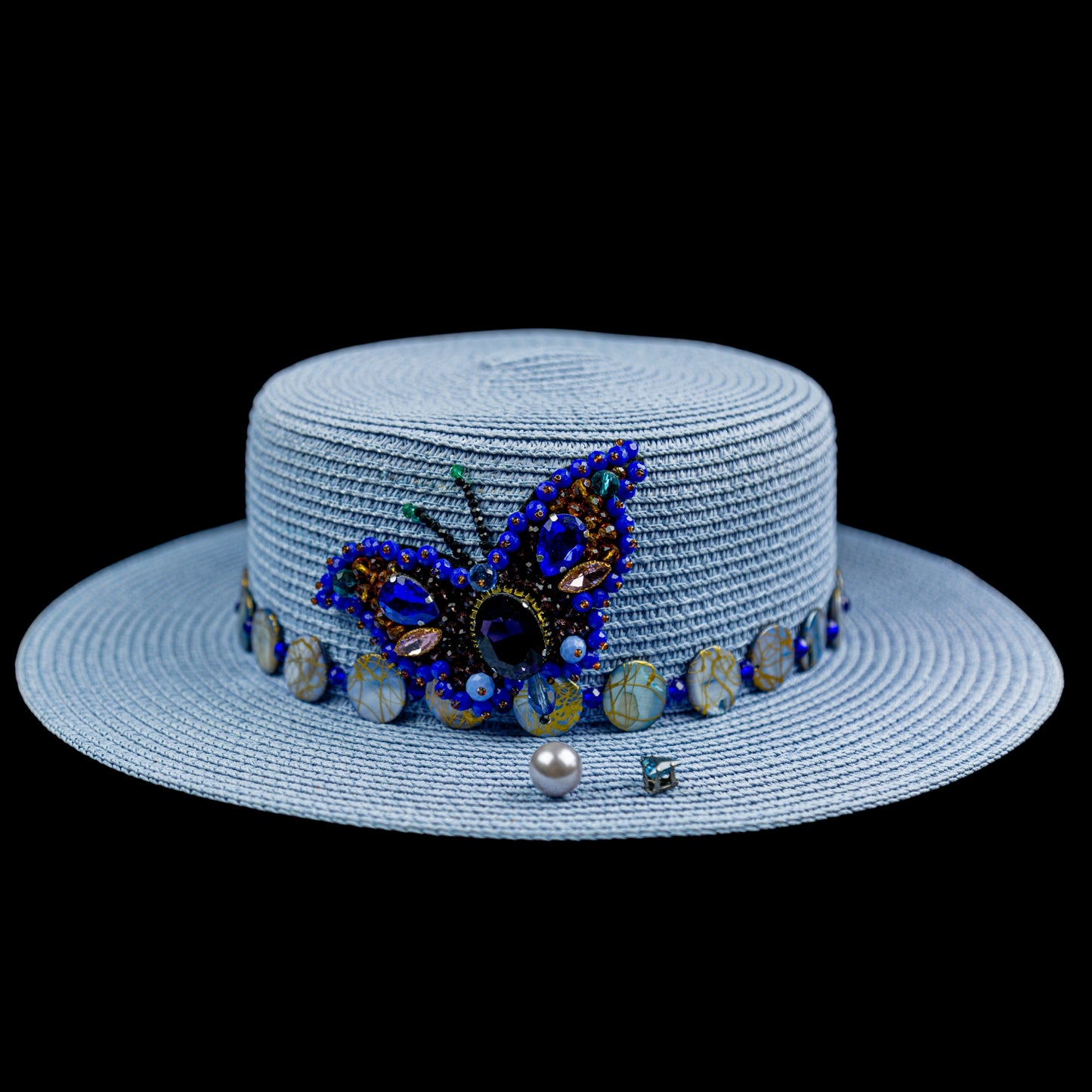 Blue Straw Canotier Hat with Pearl Trim