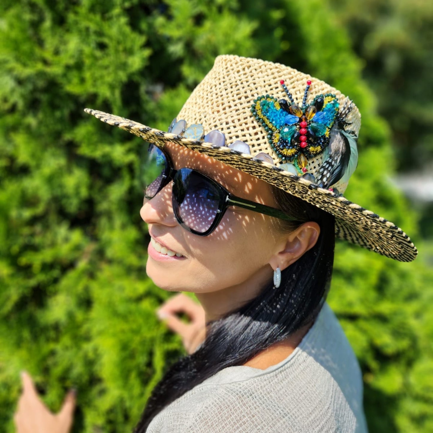 Straw Fedora Hat with Bead Butterfly