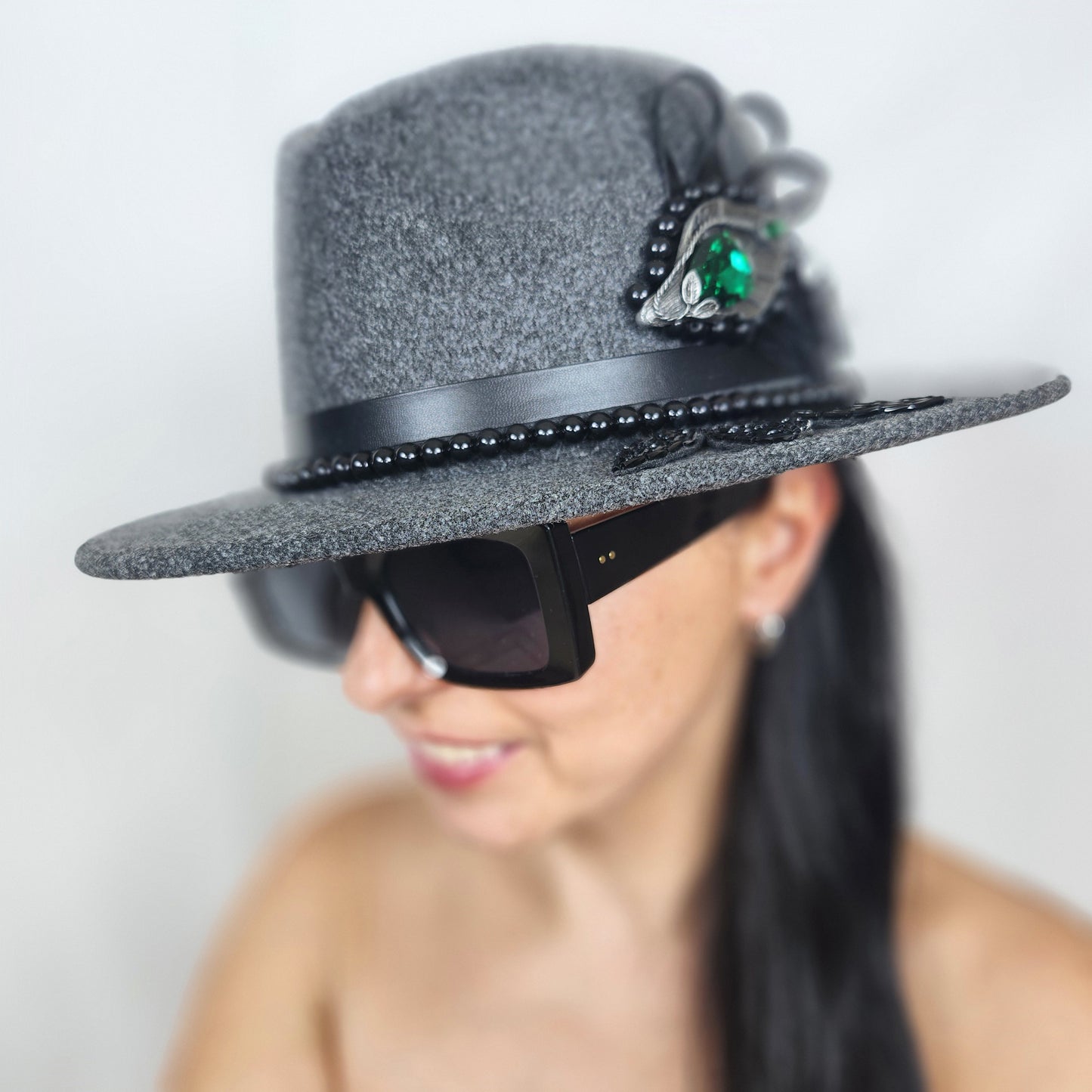 Gray Felt Fedora Hat with Bead Brooch