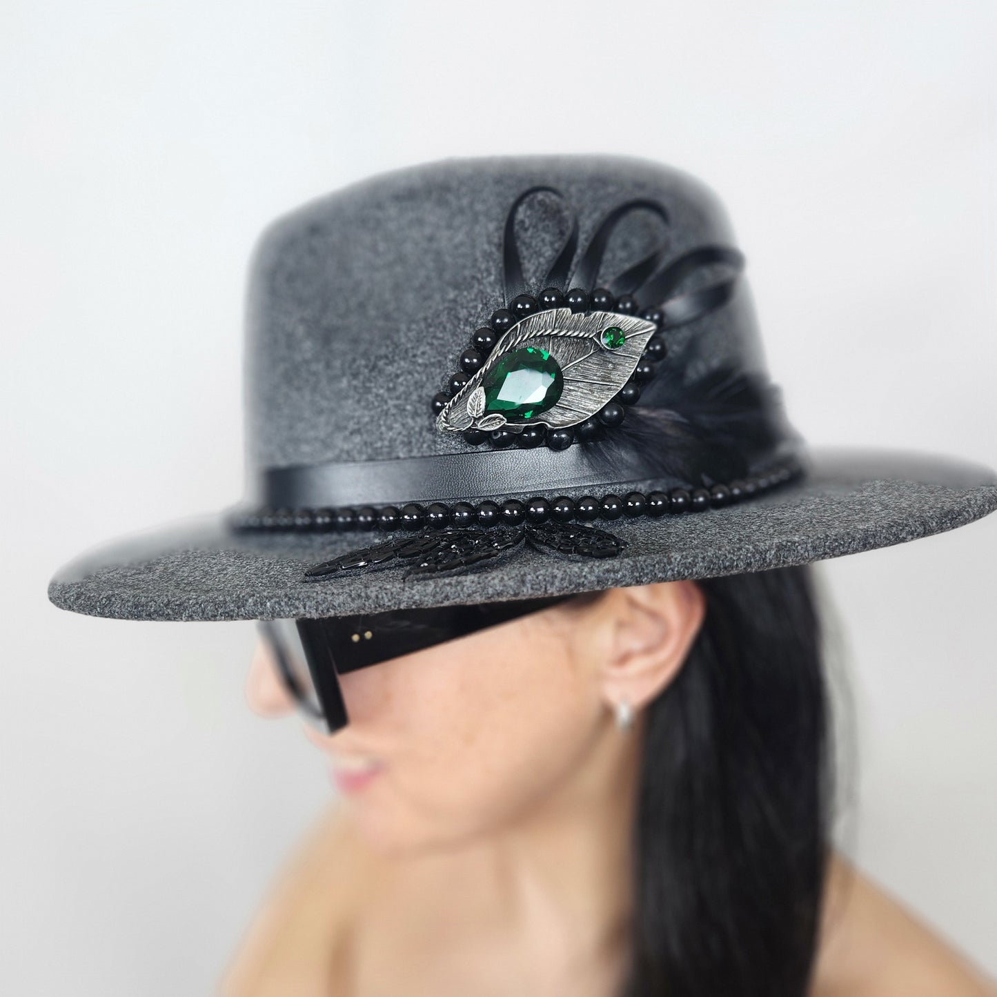 Gray Felt Fedora Hat with Bead Brooch