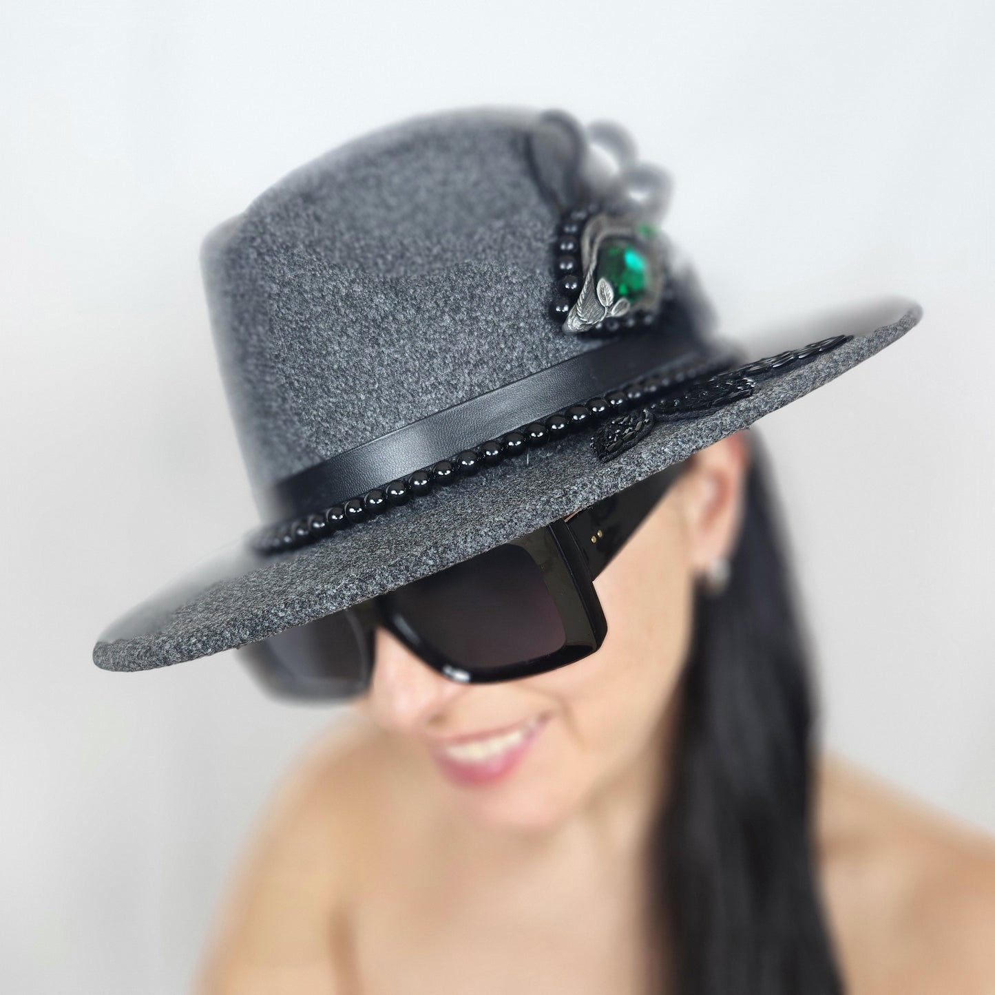 Gray Felt Fedora Hat with Bead Brooch
