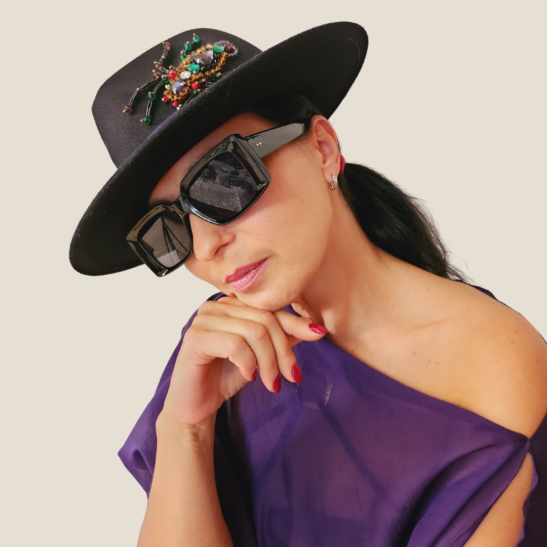 Black Felt Fedora Hat with Bead Spider
