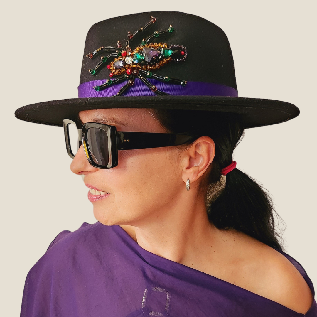 Black Felt Fedora Hat with Bead Spider
