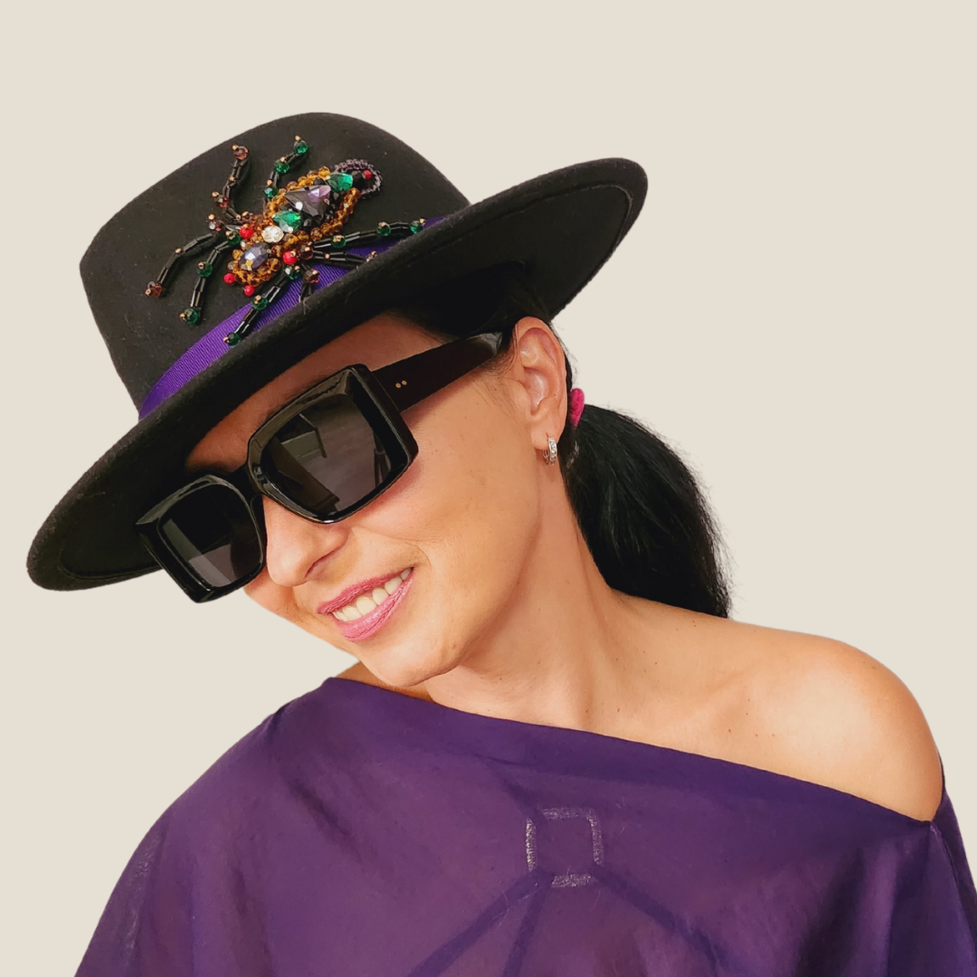 Black Felt Fedora Hat with Bead Spider