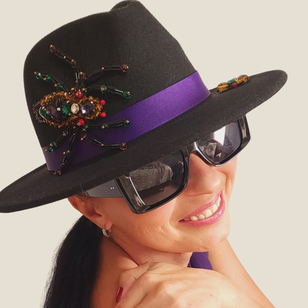 Black Felt Fedora Hat with Bead Spider