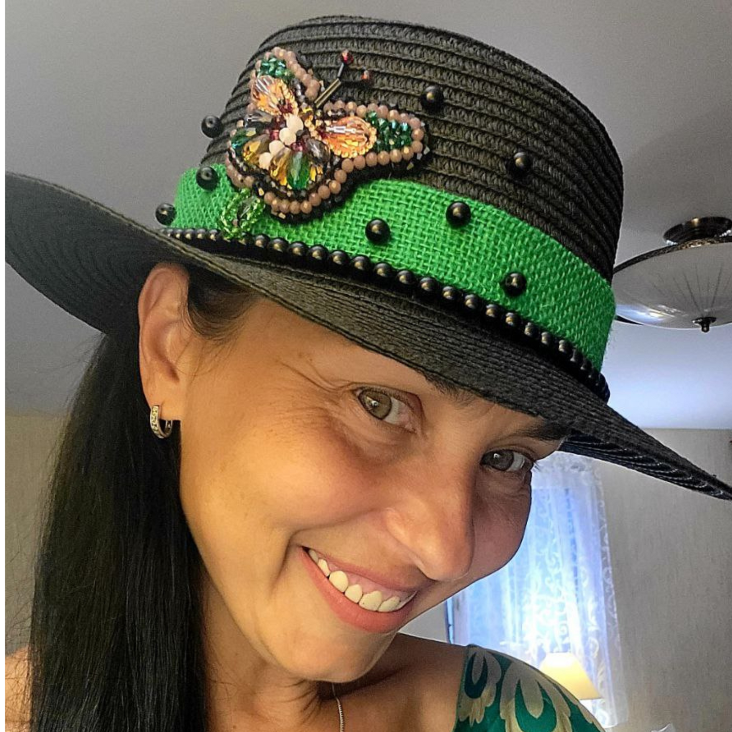 Black Straw Canotier Hat with Bead Ribbon
