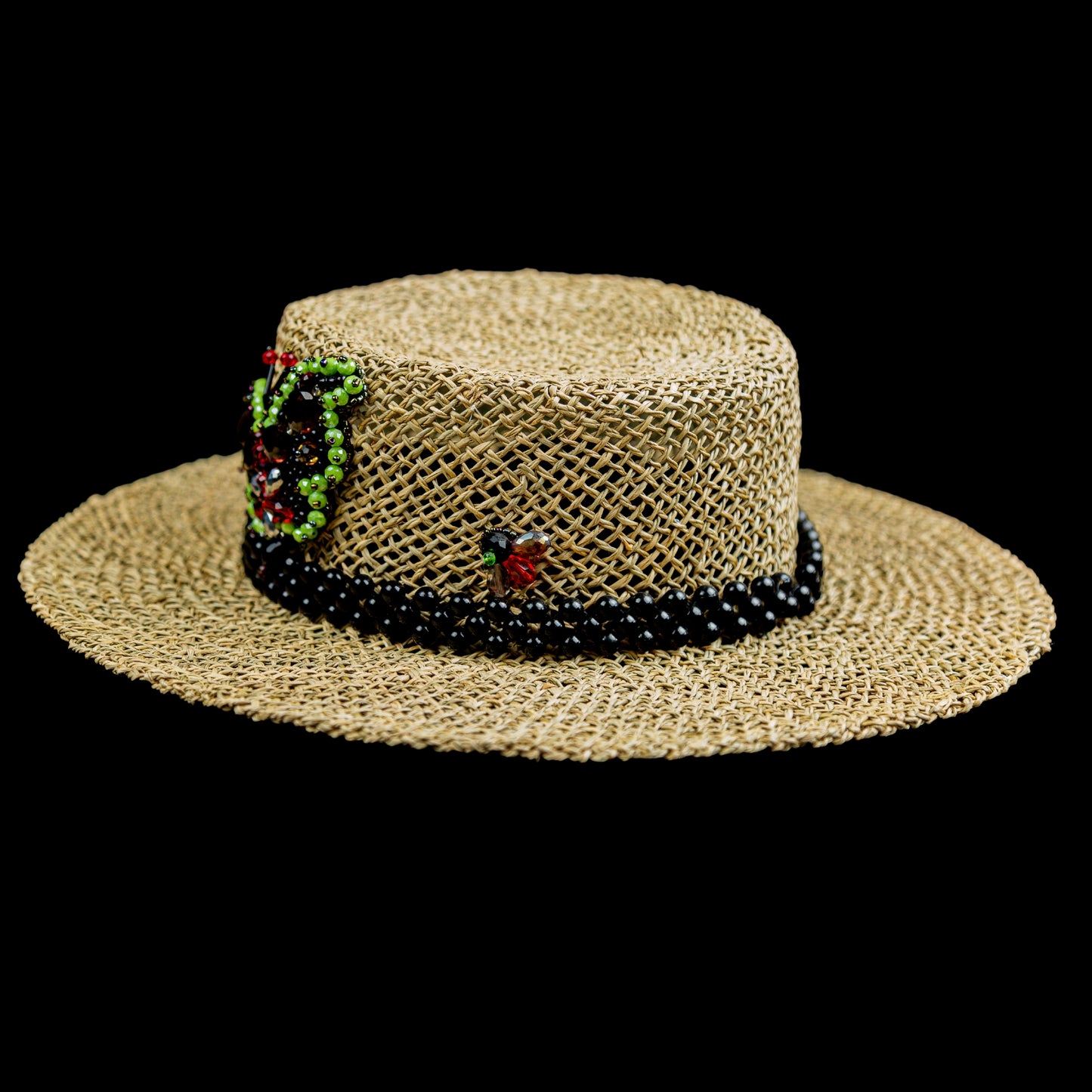 Brown Straw Canotier Hat with Beads