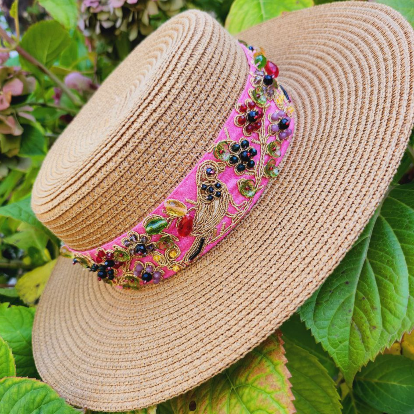 Khaki Straw Canotier Hat with Bead Ribbon