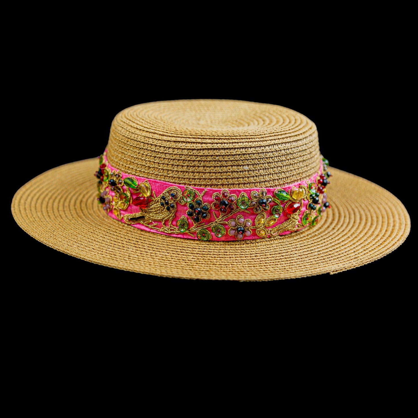 Khaki Straw Canotier Hat with Bead Ribbon
