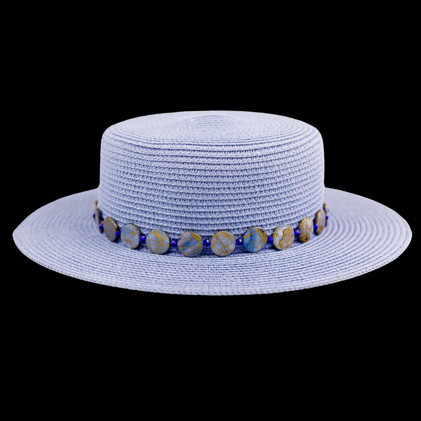 Blue Straw Canotier Hat with Pearl Trim