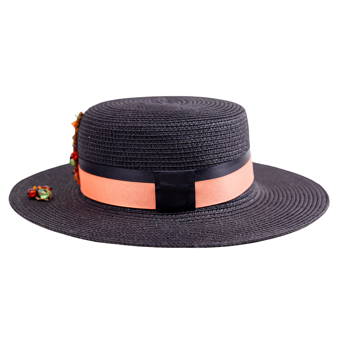 Black Straw Canotier Hat with Silk Trim