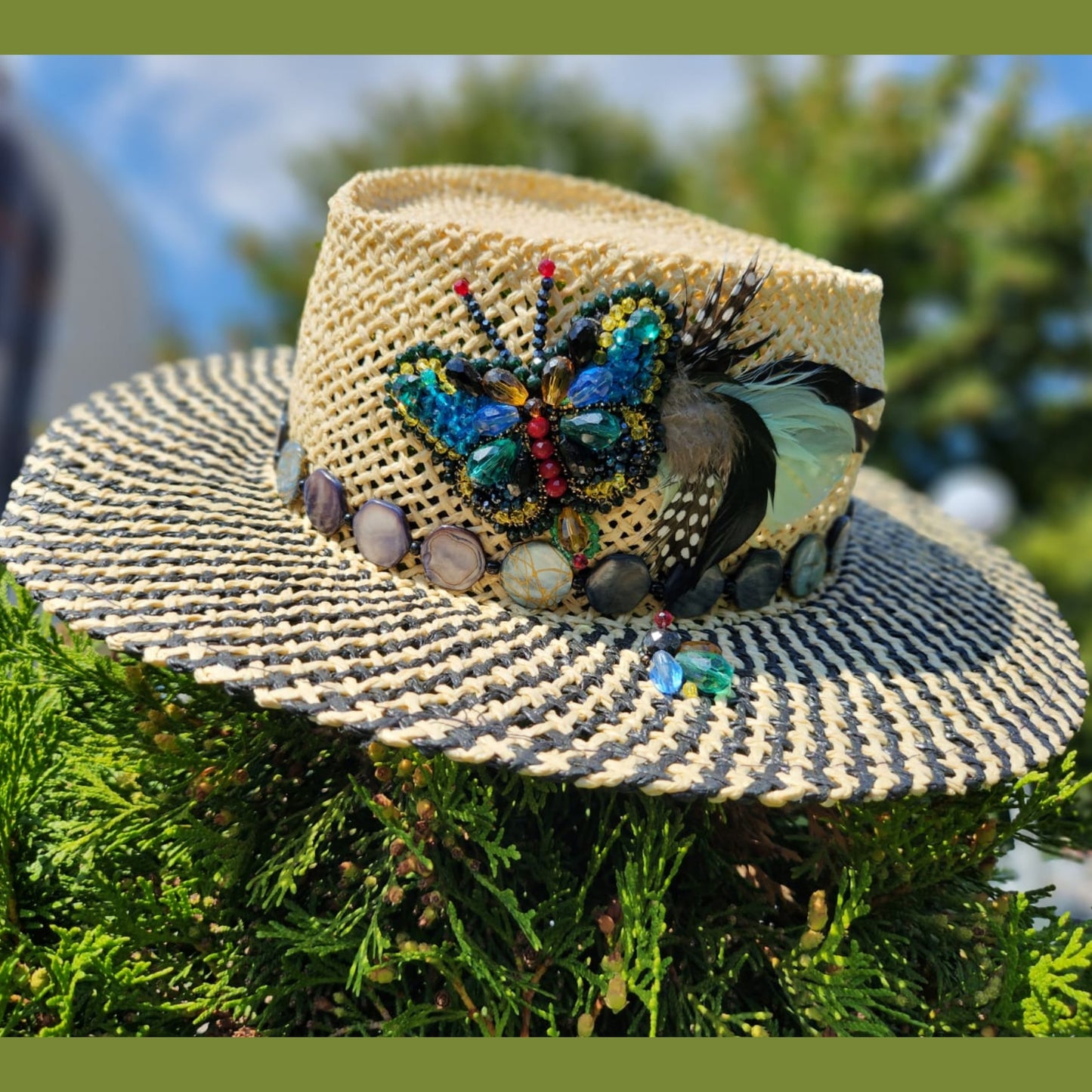 Straw Fedora Hat with Bead Butterfly