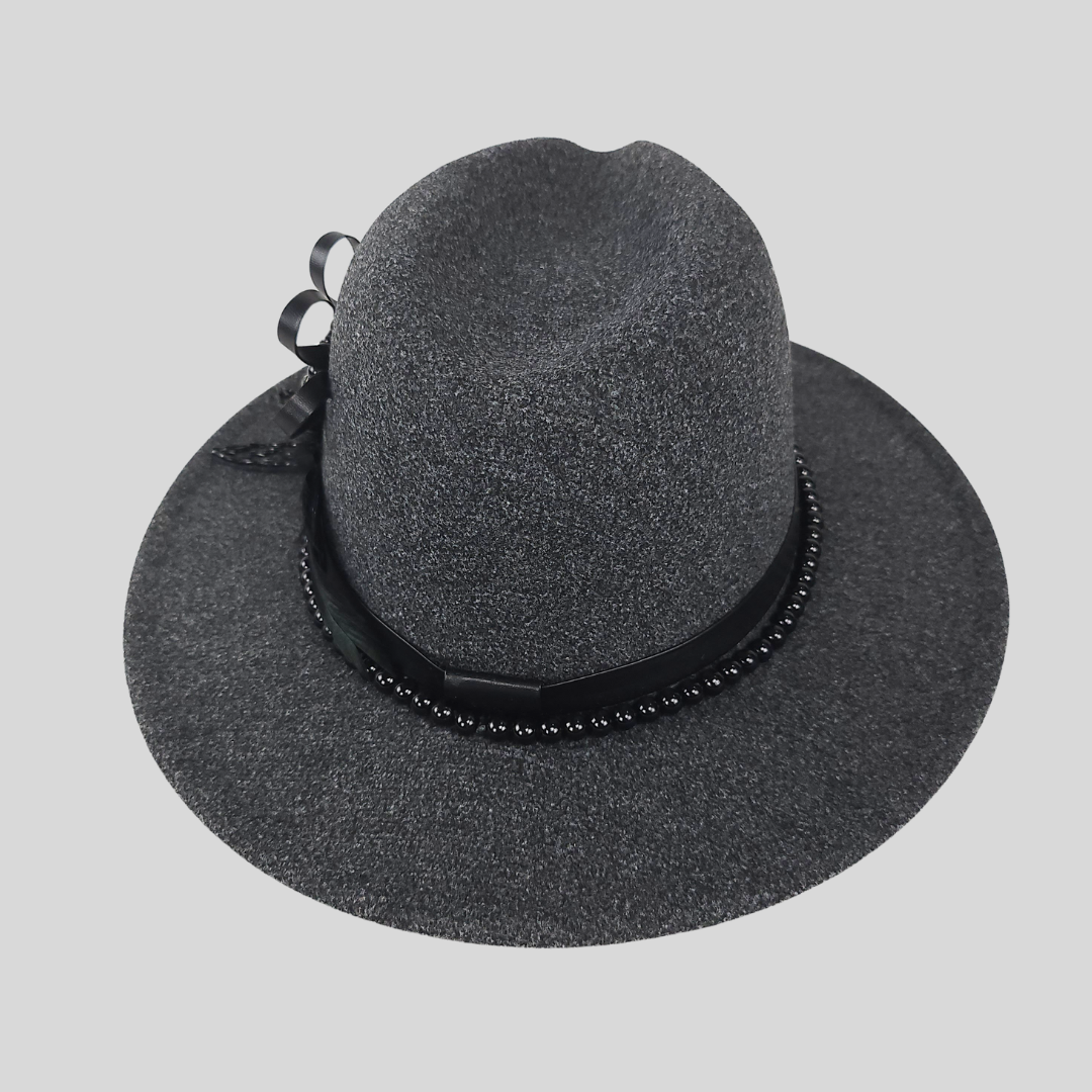 Gray Felt Fedora Hat with Bead Brooch
