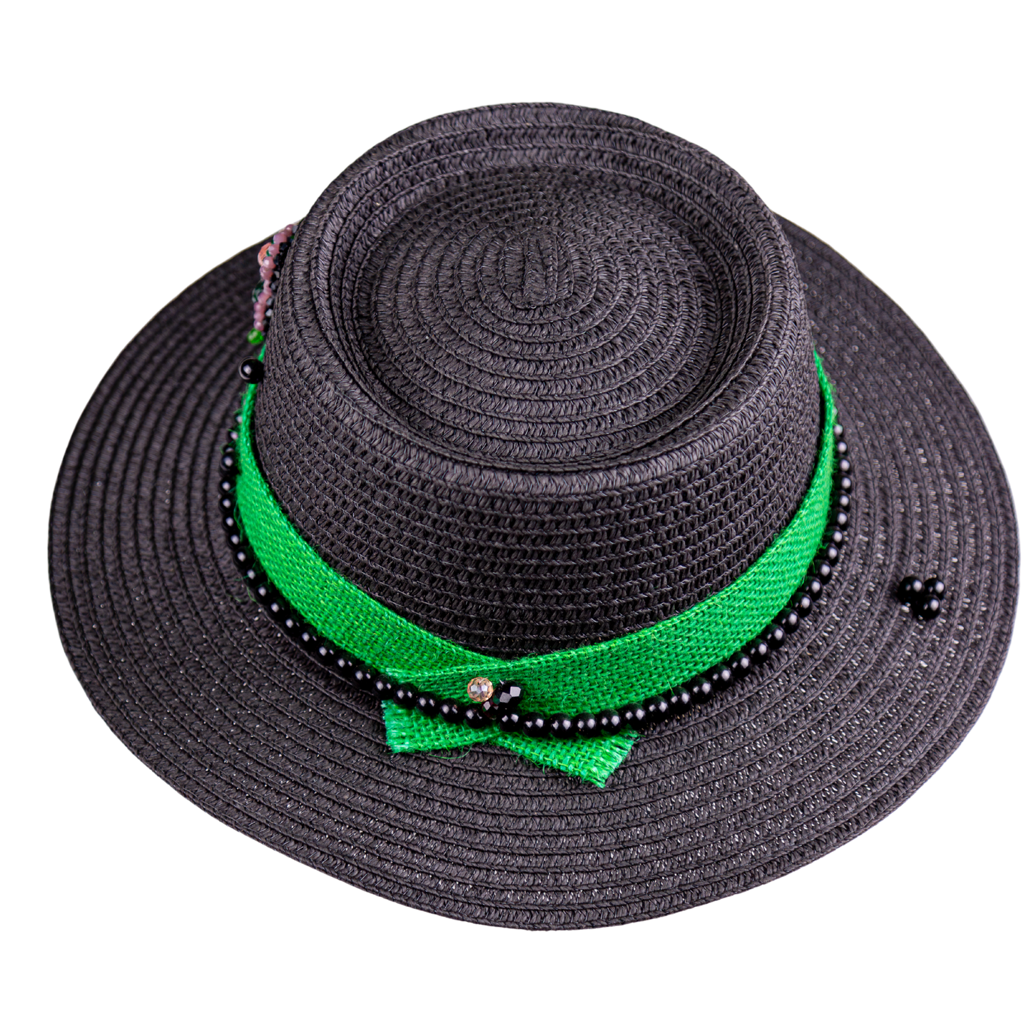 Black Straw Canotier Hat with Bead Ribbon
