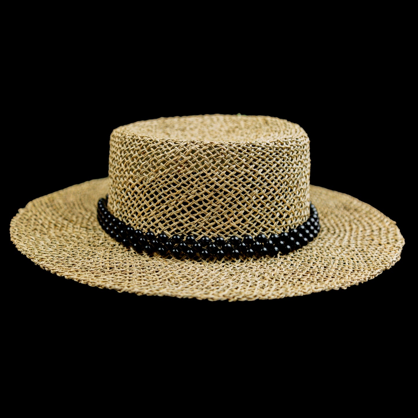 Brown Straw Canotier Hat with Beads