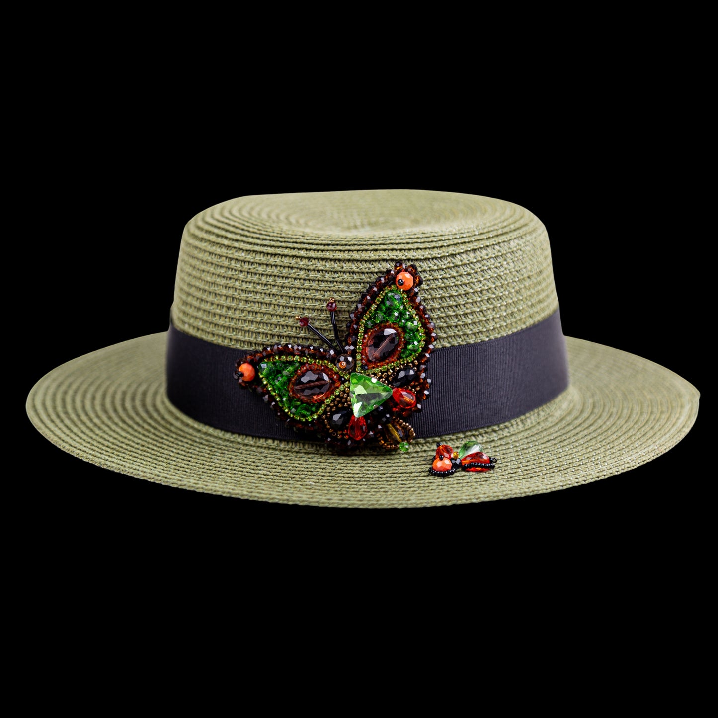 Green Straw Canotier Hat with Silk Trim