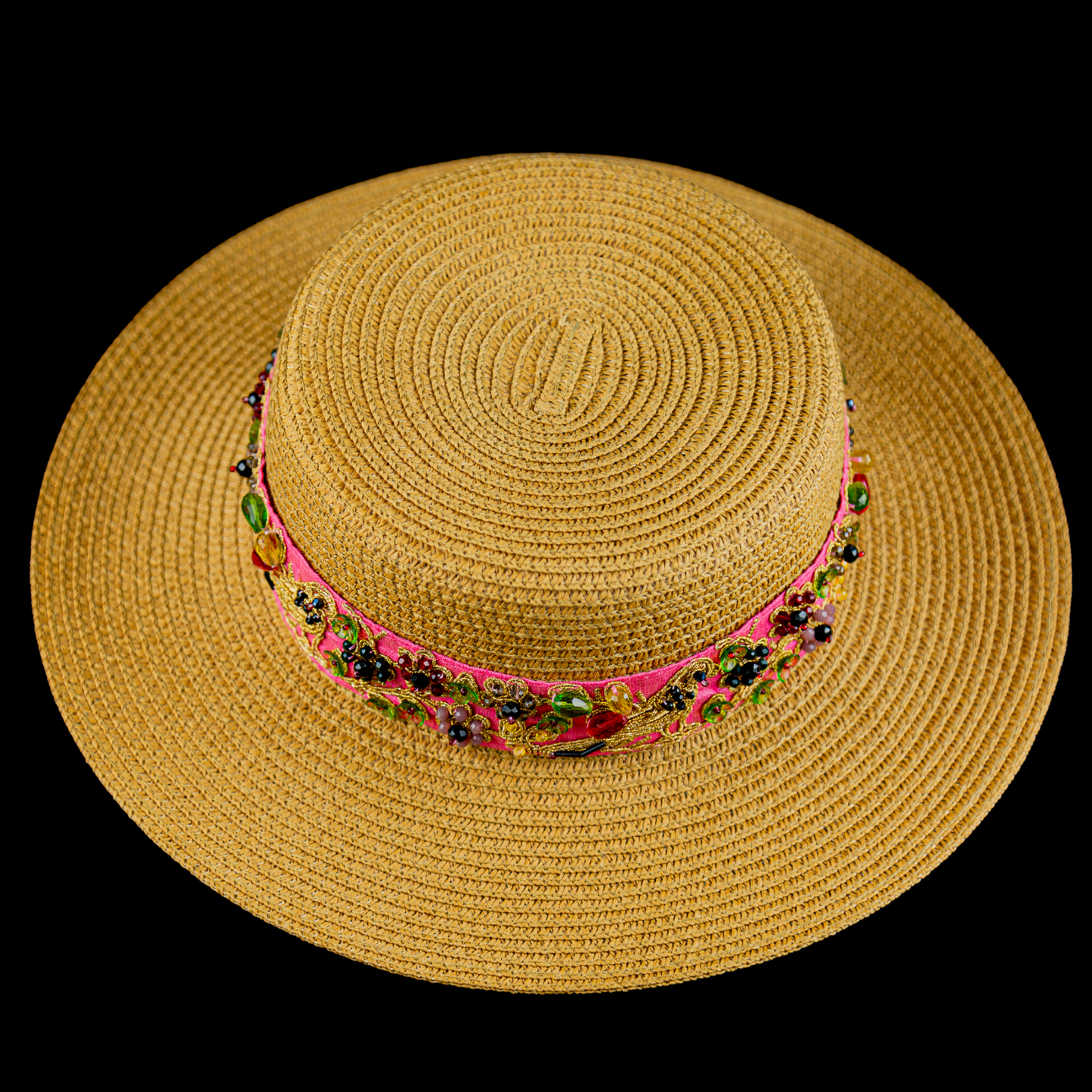 Khaki Straw Canotier Hat with Bead Ribbon