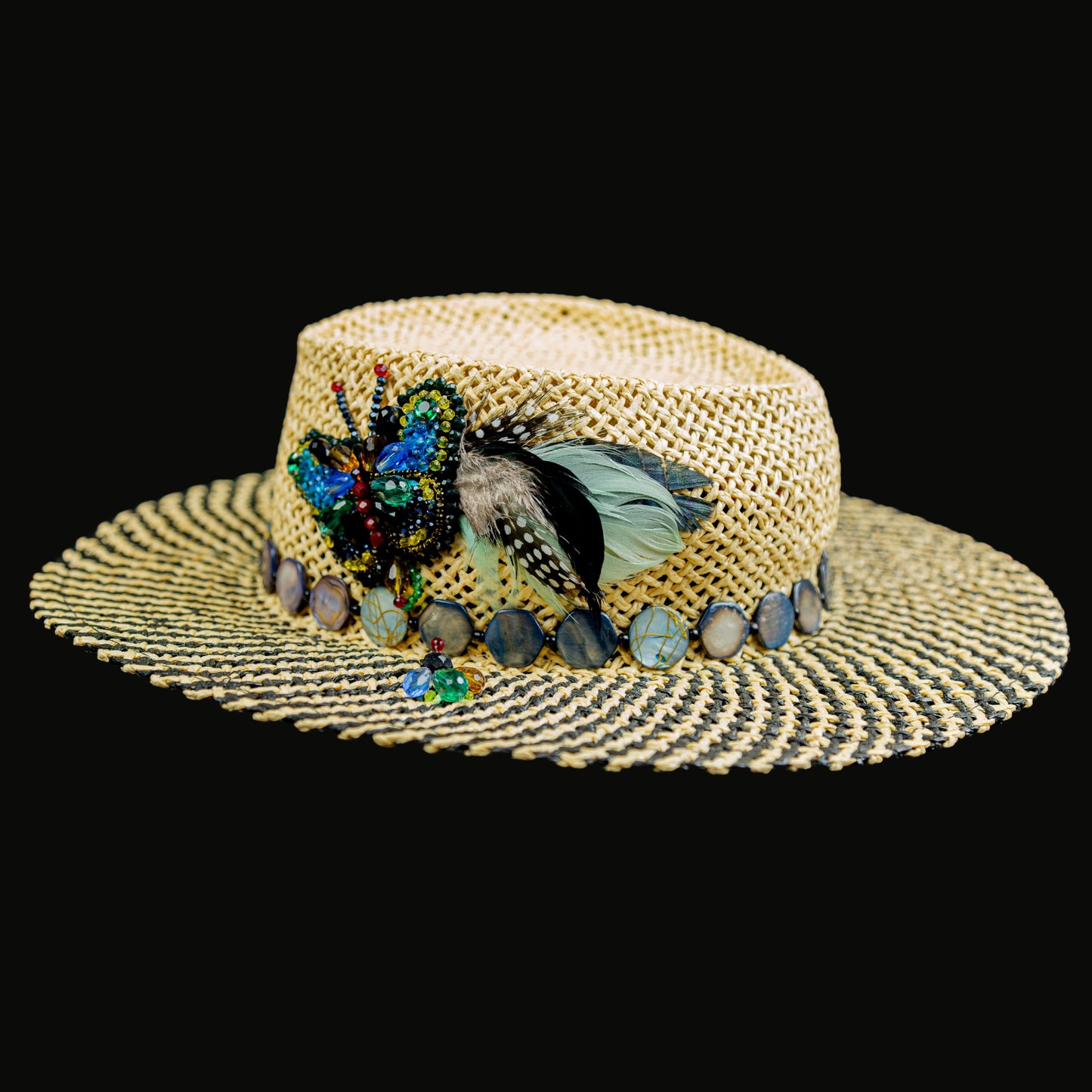 Straw Fedora Hat with Bead Butterfly