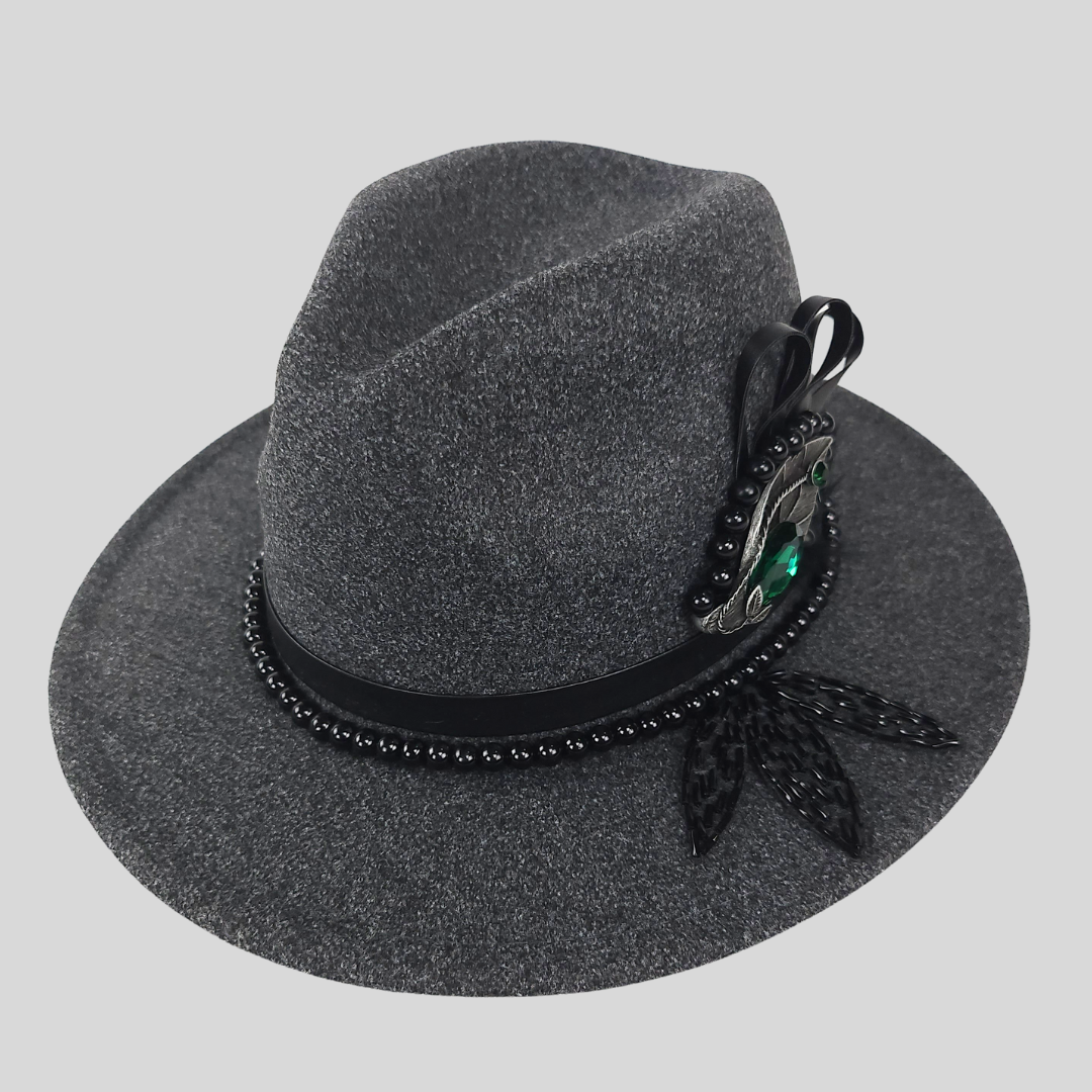 Gray Felt Fedora Hat with Bead Brooch