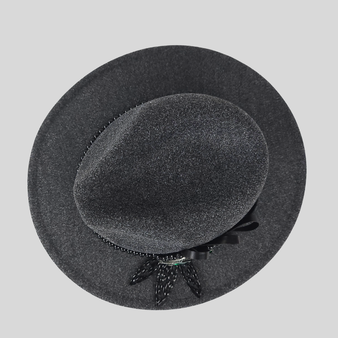Gray Felt Fedora Hat with Bead Brooch