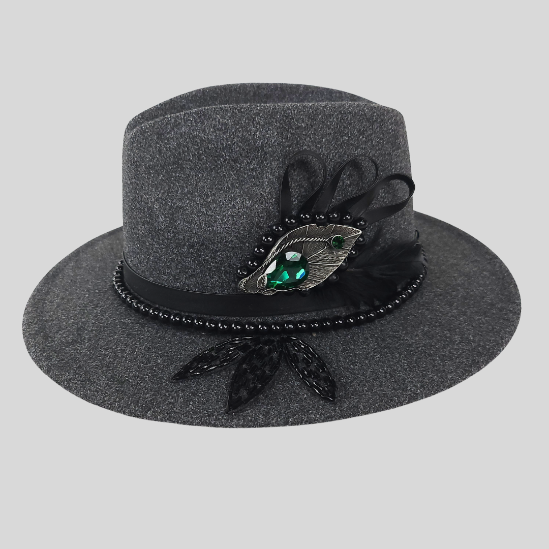 Gray Felt Fedora Hat with Bead Brooch