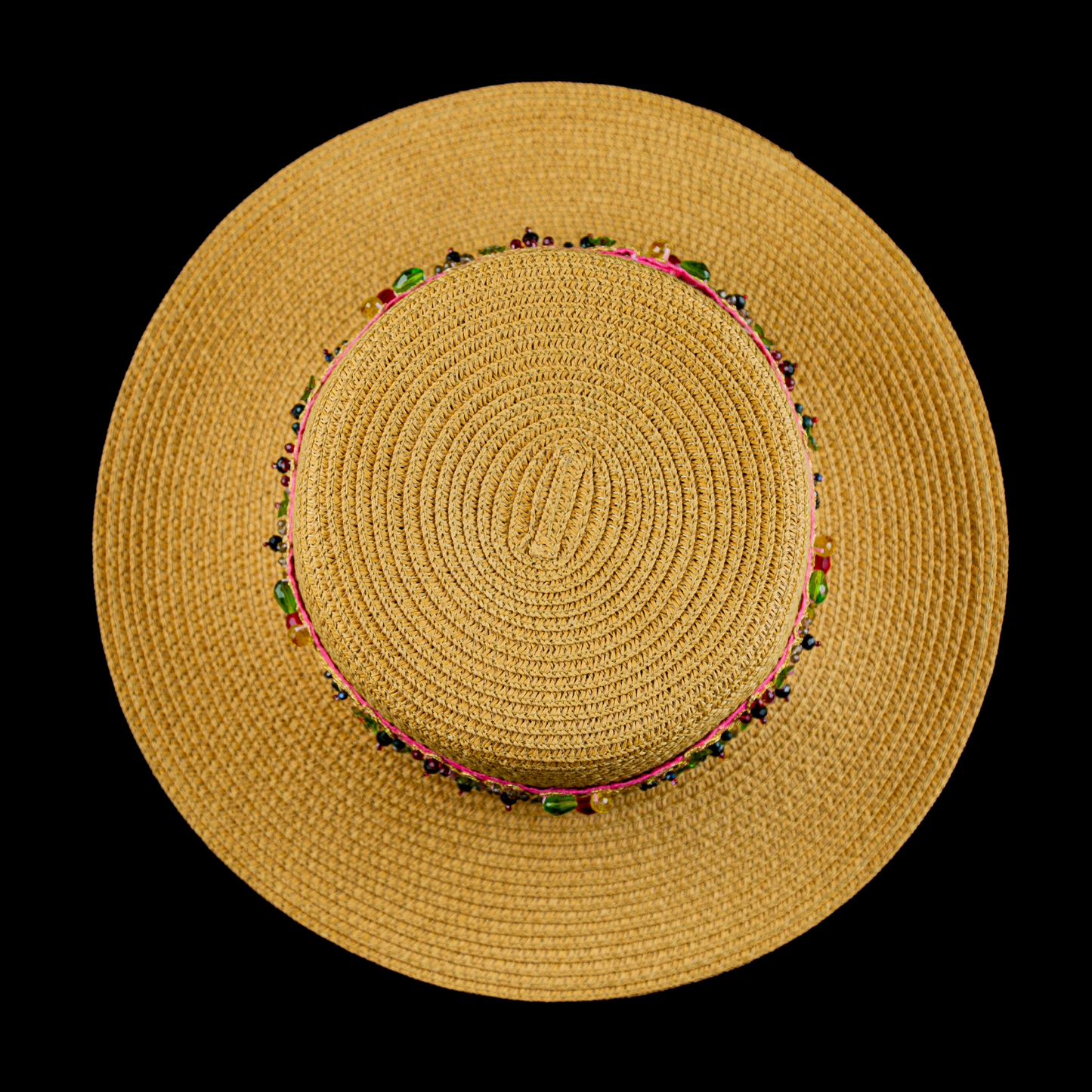 Khaki Straw Canotier Hat with Bead Ribbon