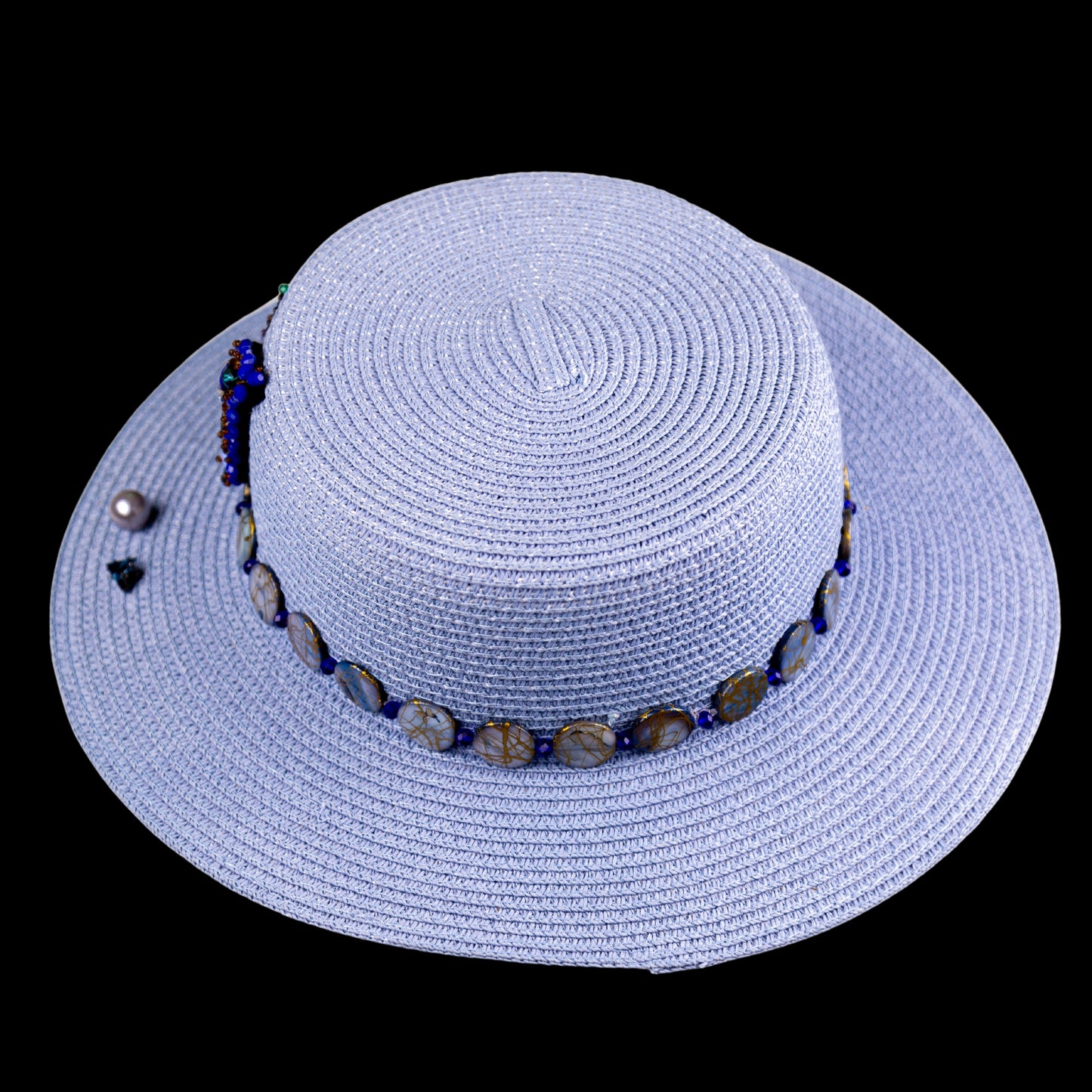 Blue Straw Canotier Hat with Pearl Trim