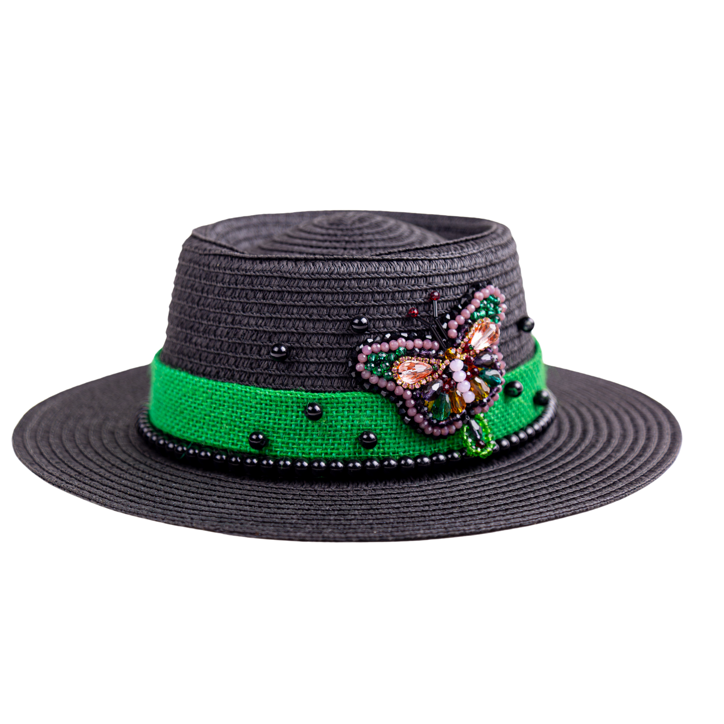 Black Straw Canotier Hat with Bead Ribbon