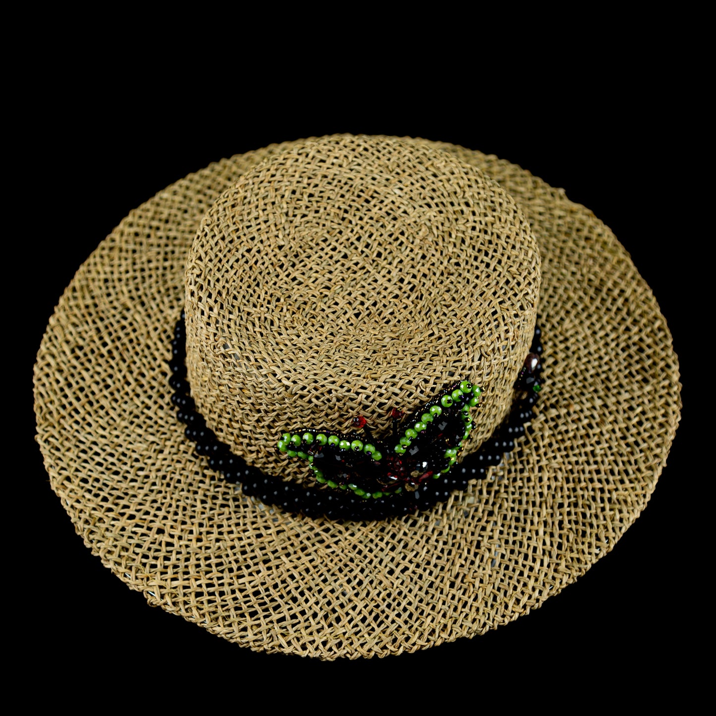 Brown Straw Canotier Hat with Beads