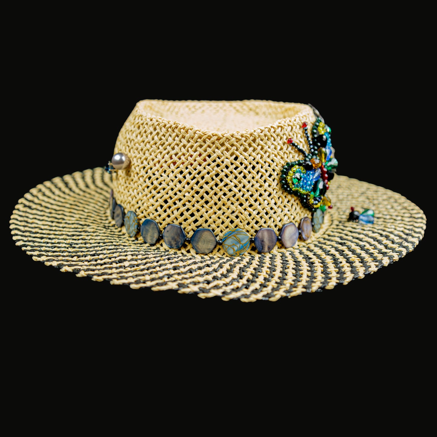 Straw Fedora Hat with Bead Butterfly