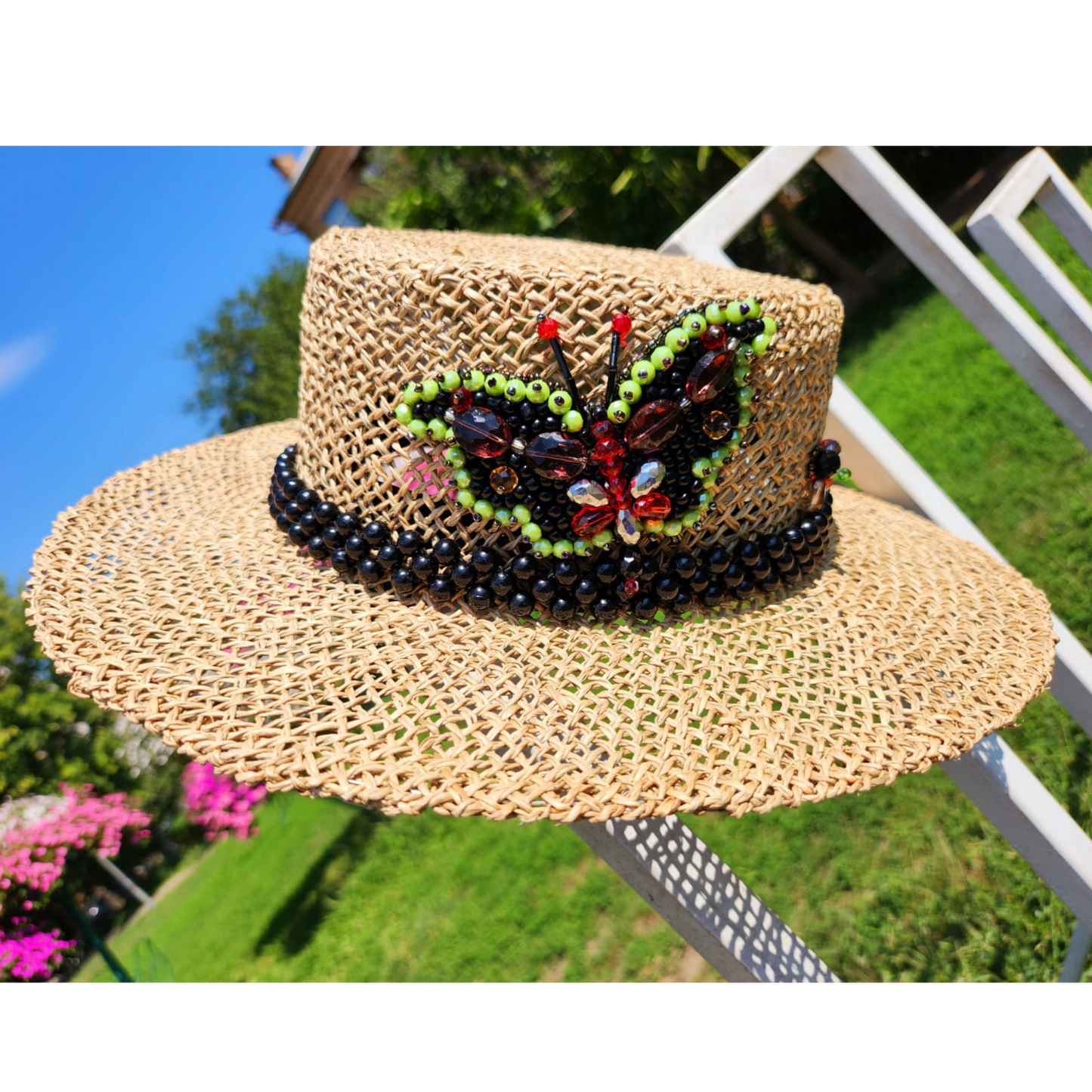 Brown Straw Canotier Hat with Beads