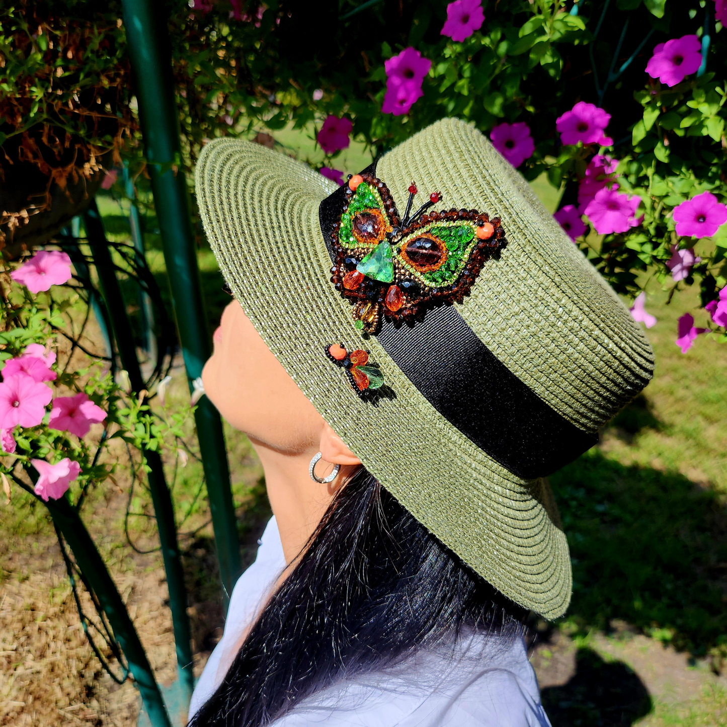 Green Straw Canotier Hat with Silk Trim