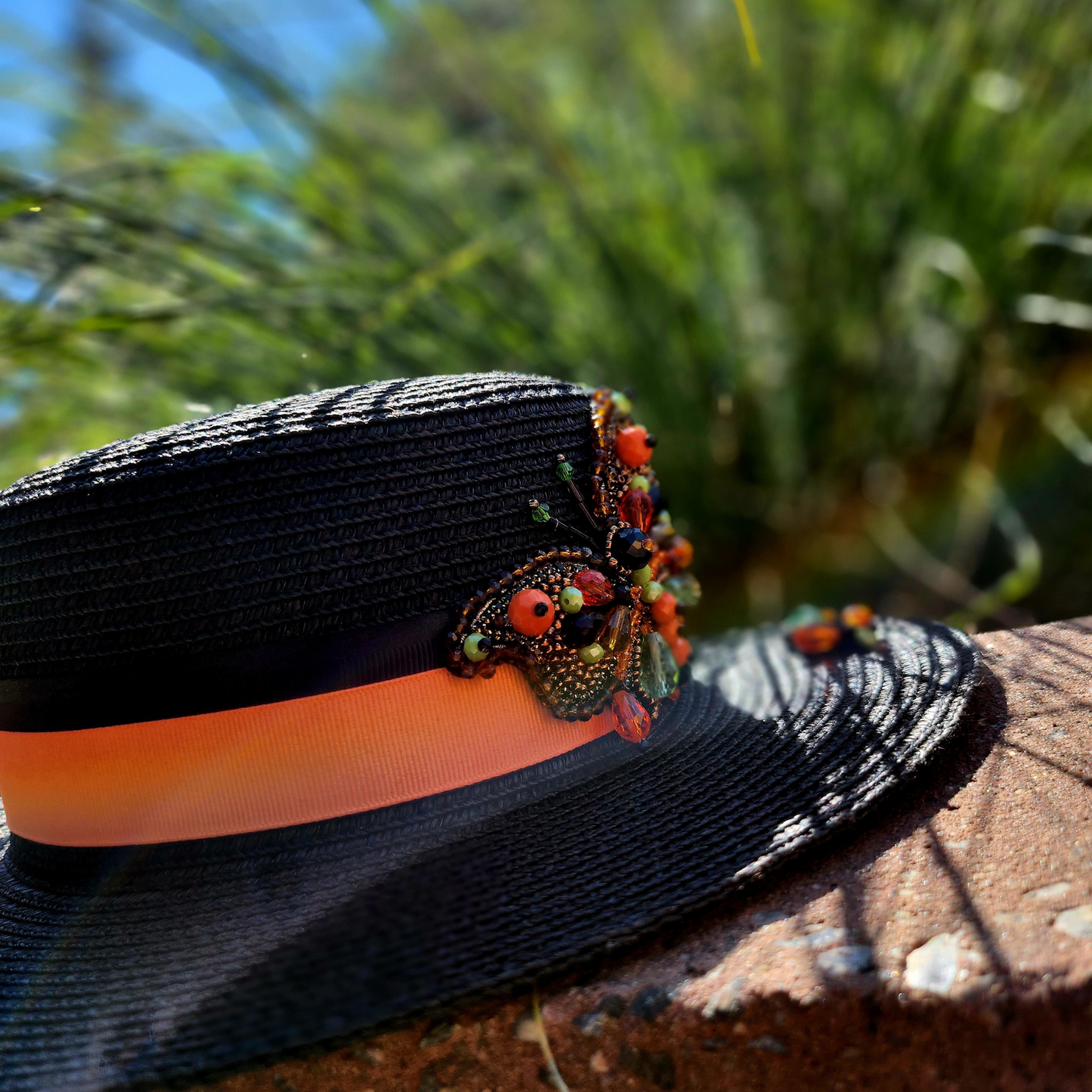 Black Straw Canotier Hat with Silk Trim