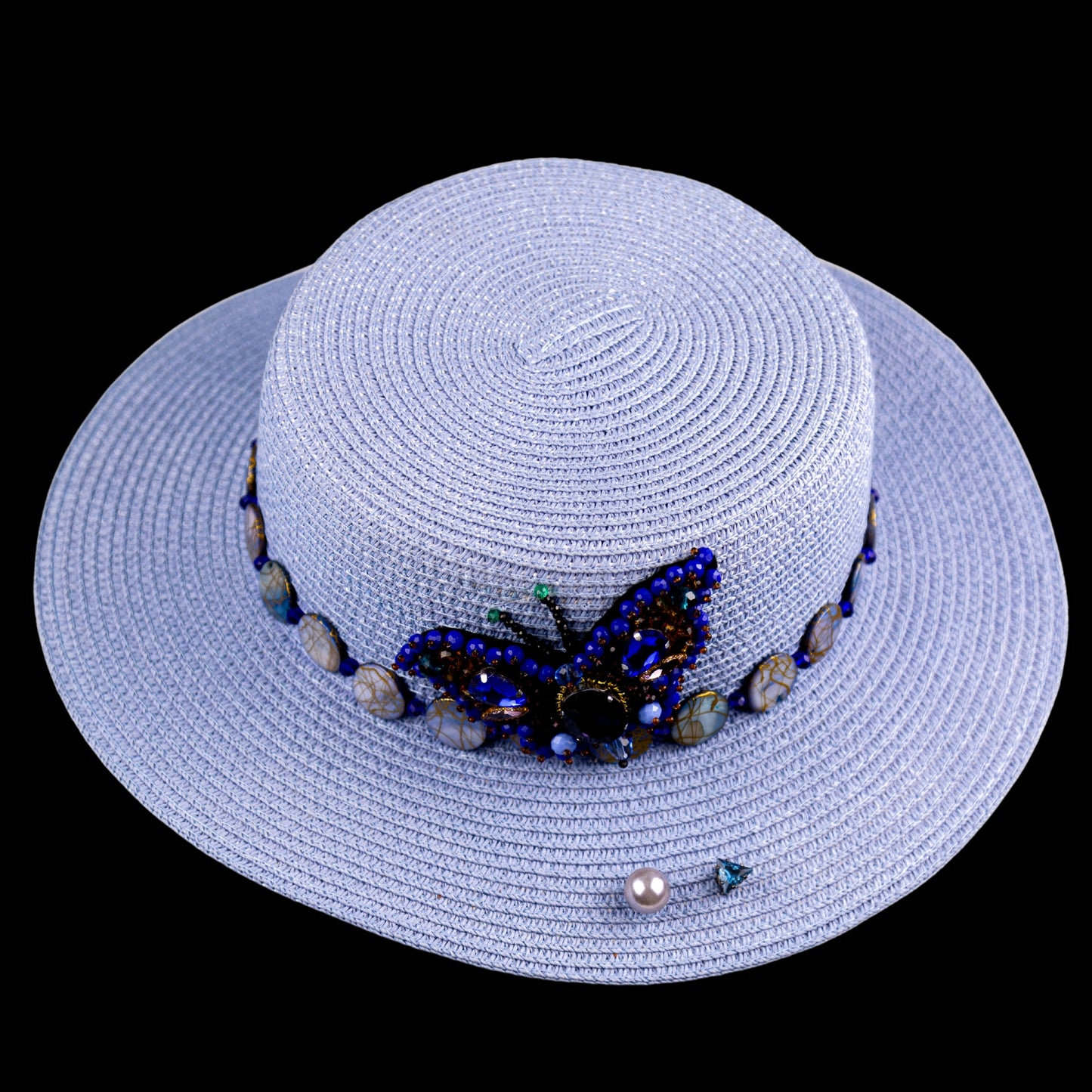 Blue Straw Canotier Hat with Pearl Trim