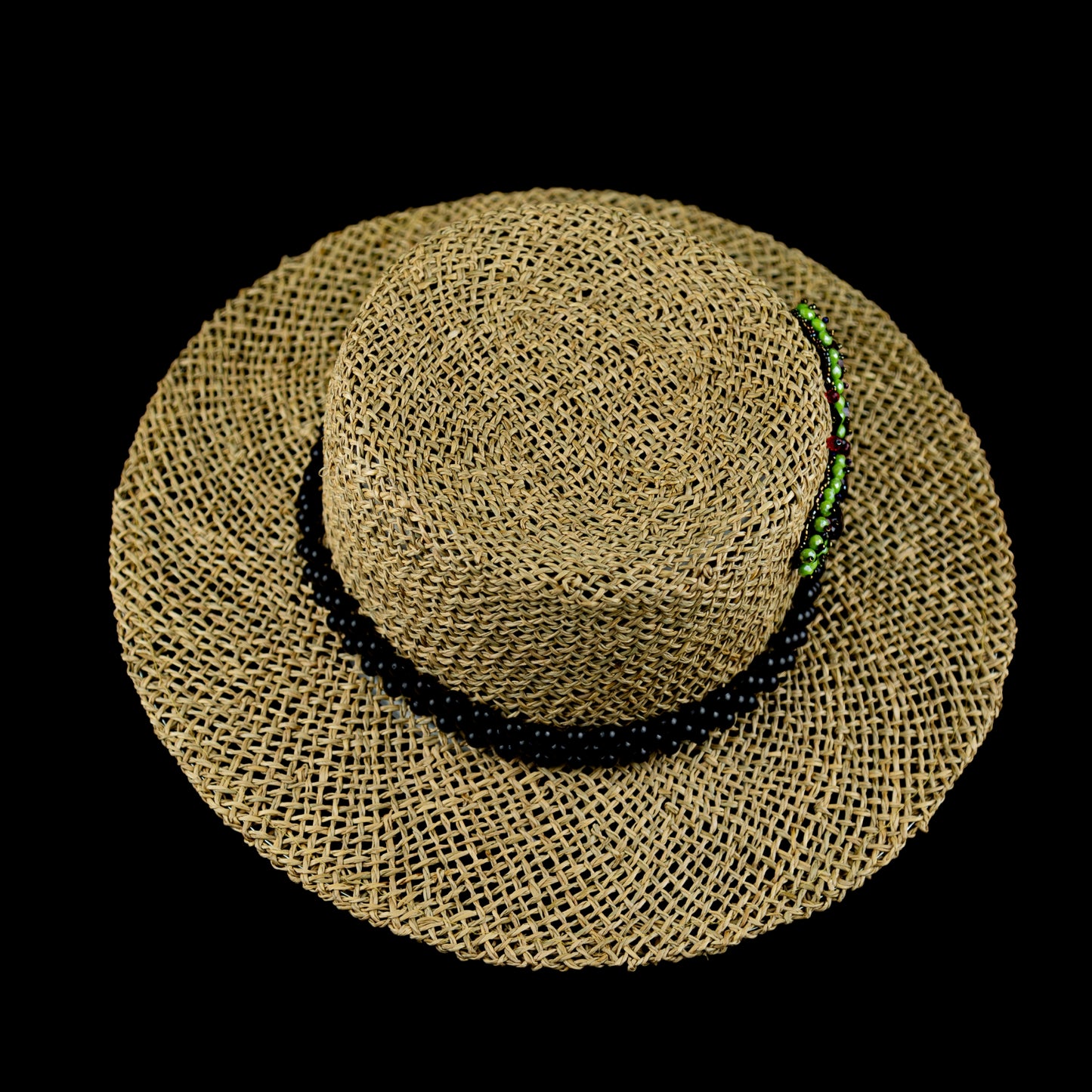 Brown Straw Canotier Hat with Beads