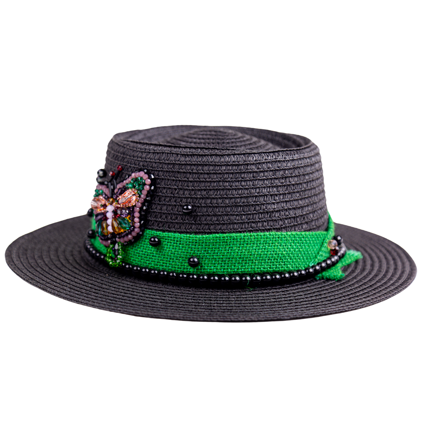 Black Straw Canotier Hat with Bead Ribbon