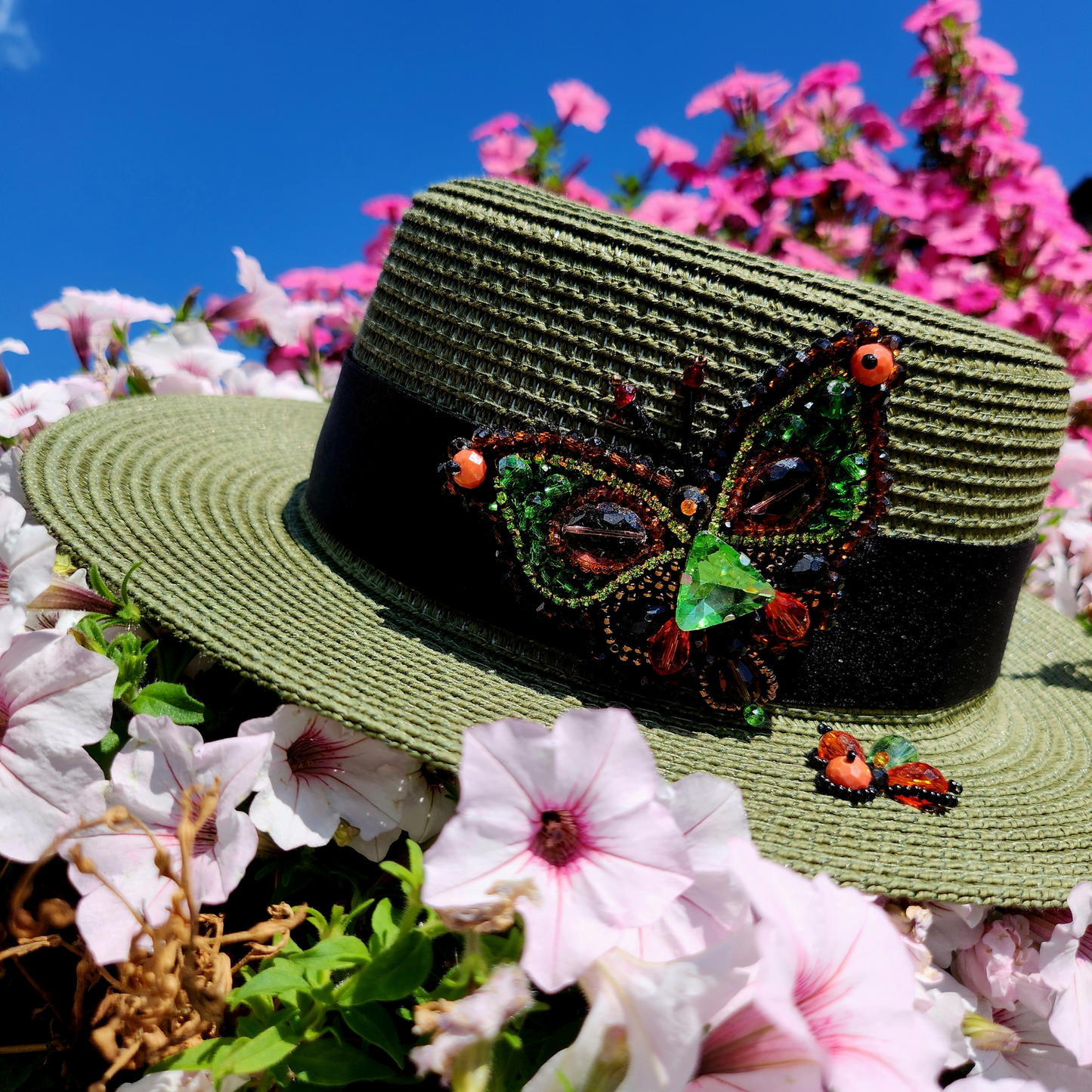 Green Straw Canotier Hat with Silk Trim