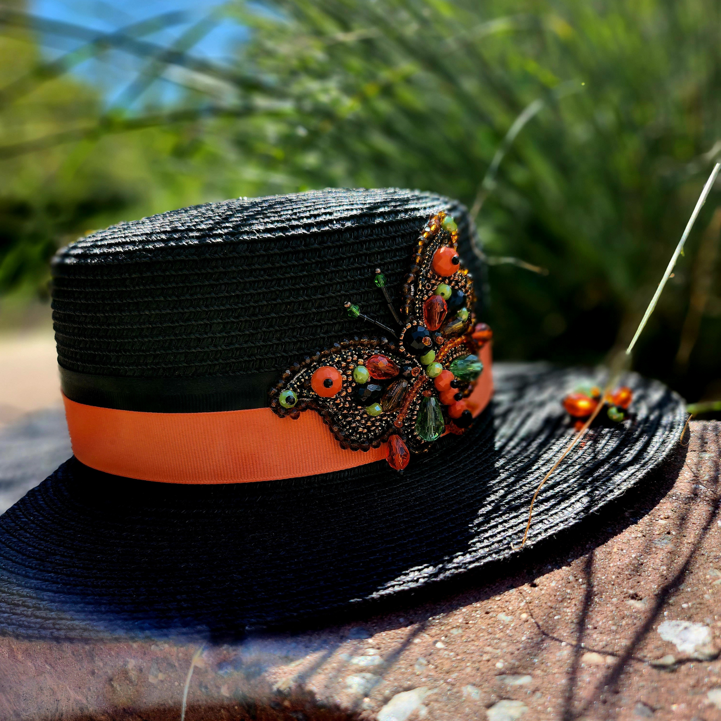 Black Straw Canotier Hat with Silk Trim