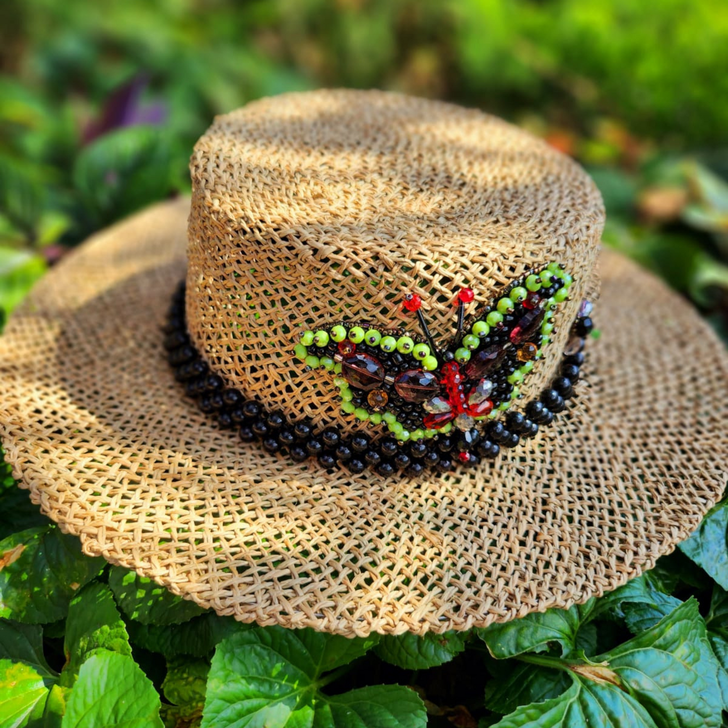 Brown Straw Canotier Hat with Beads