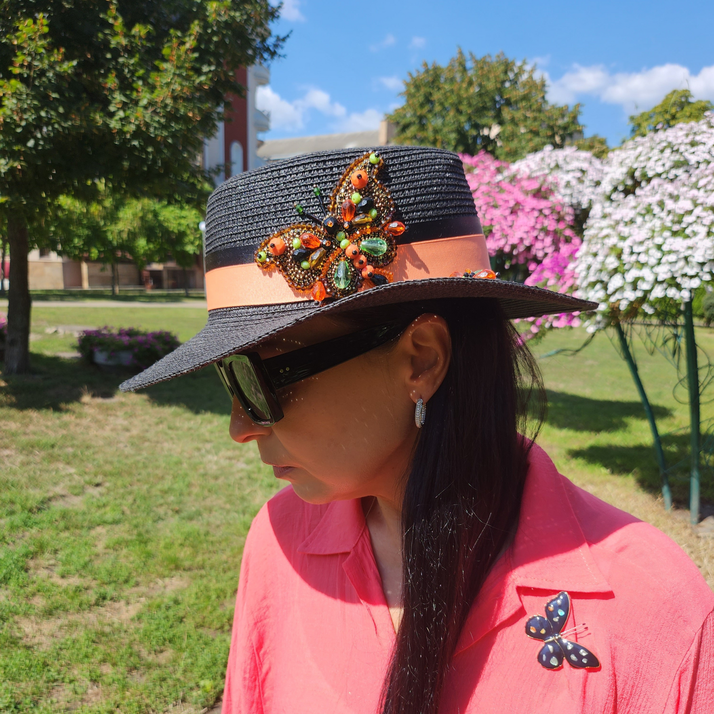 Black Straw Canotier Hat with Silk Trim