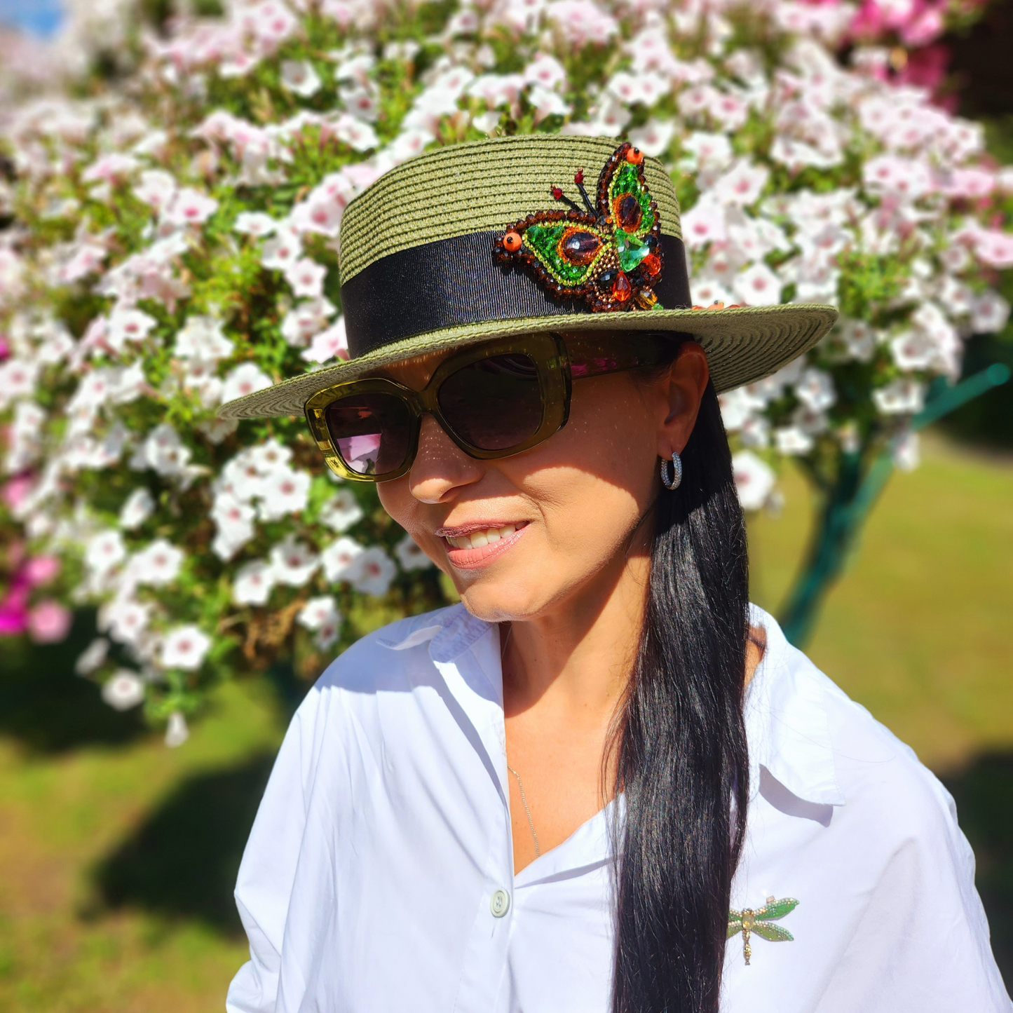 Green Straw Canotier Hat with Silk Trim